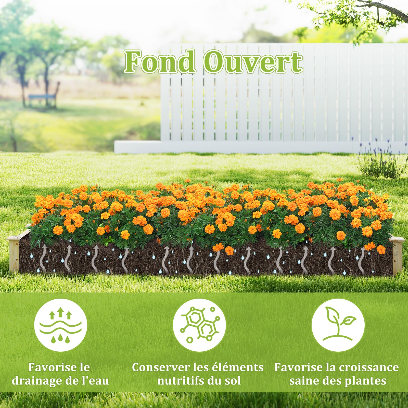 GOPLUS Carre Potager en Bois de Sapin 228x62x25 CM avec Fond Ouvert, Potager Exterieur avec 1 Grand Bacs à Plantation et 6 Petit Bac pour Fleurs Légumes Fruits Herbes, Idéal pour Balcon (Brun)