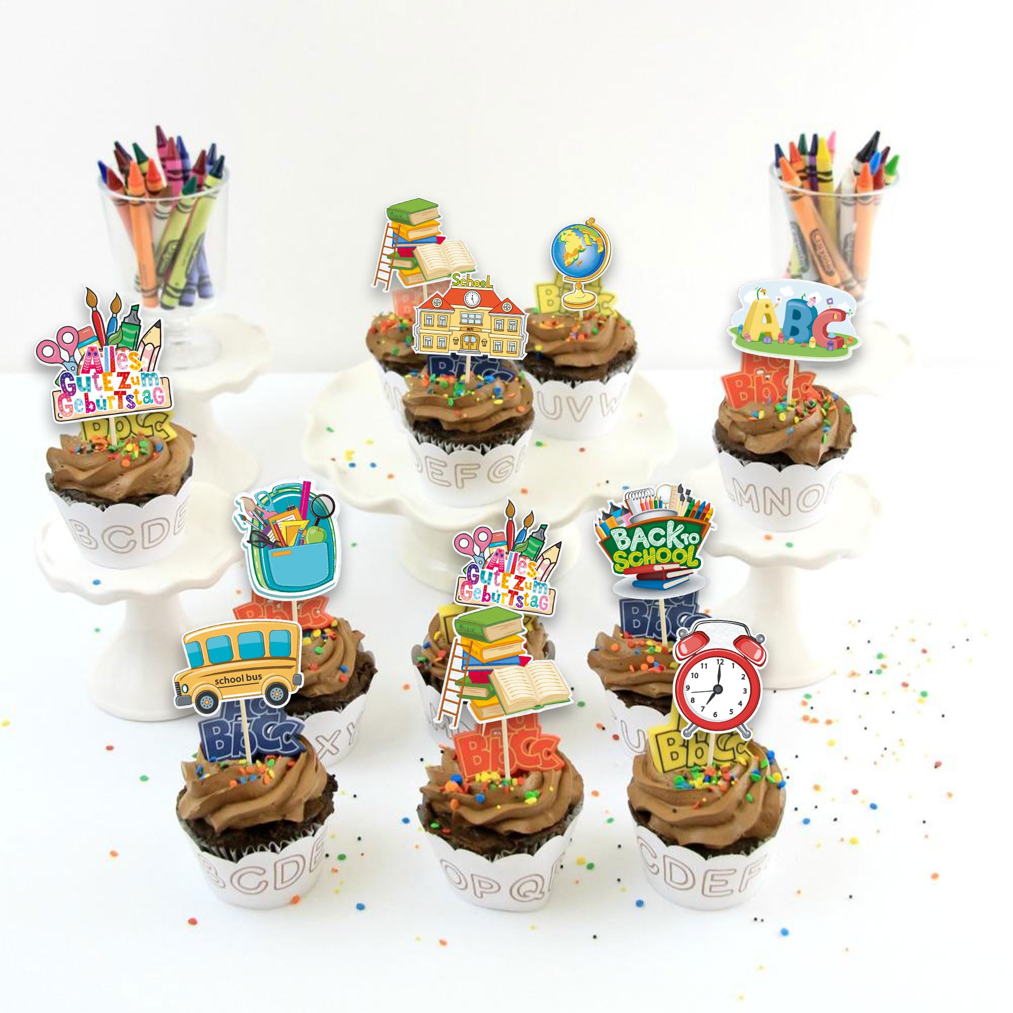24-teilige Cupcake-Topper Für Schulanfang – Glitzerstift, Schulbus, Apfel & Mehr