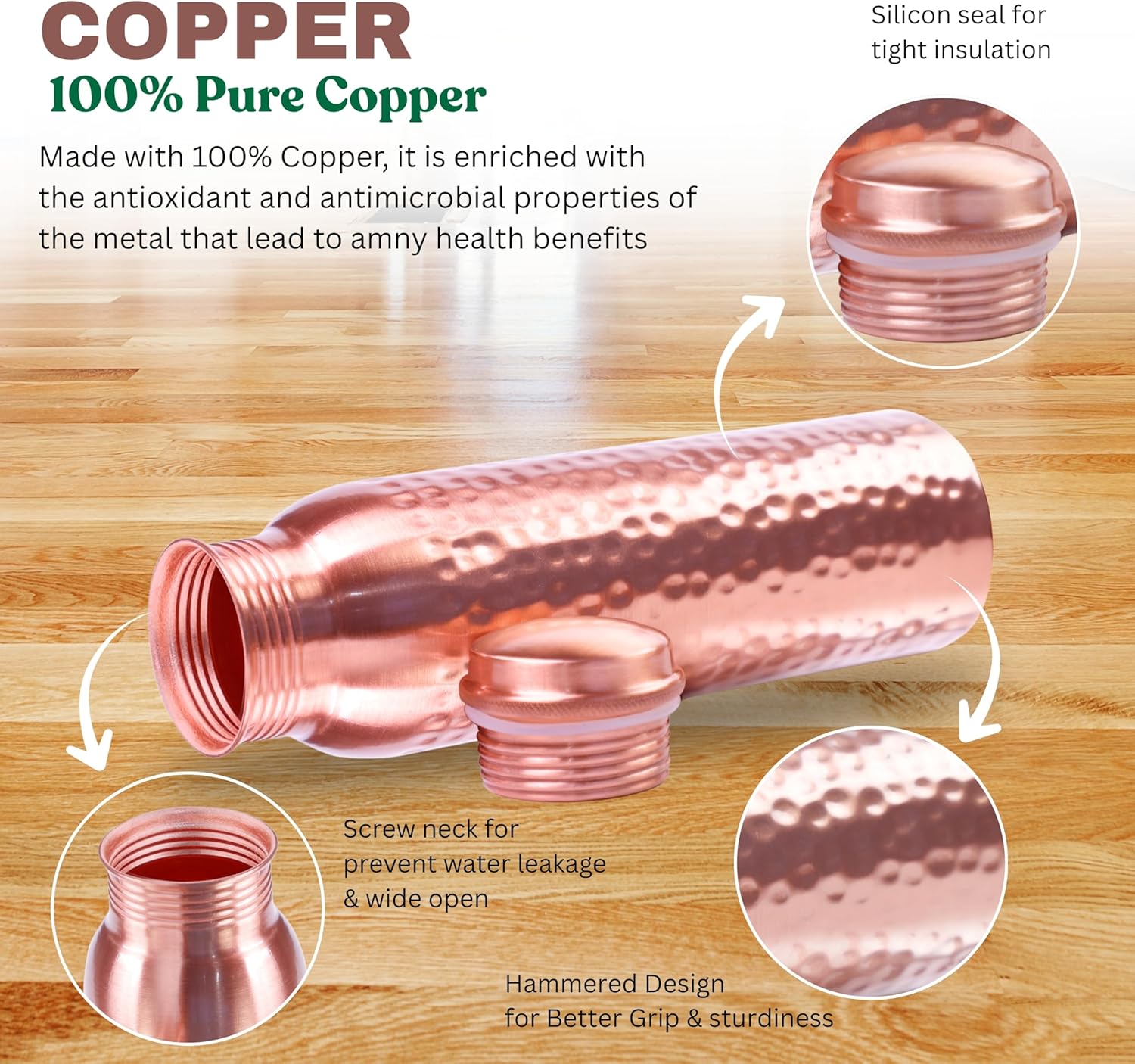 100% Pure Copper Water Bottle – Ayurvedic Copper Bottle for Drinking Water – 34 oz (1 Liter) – Handmade, Leak-Proof, BPA-Free, Eco-Friendly, Joint & Digestion Support, Yoga, Office & Daily Hydration - Image 2