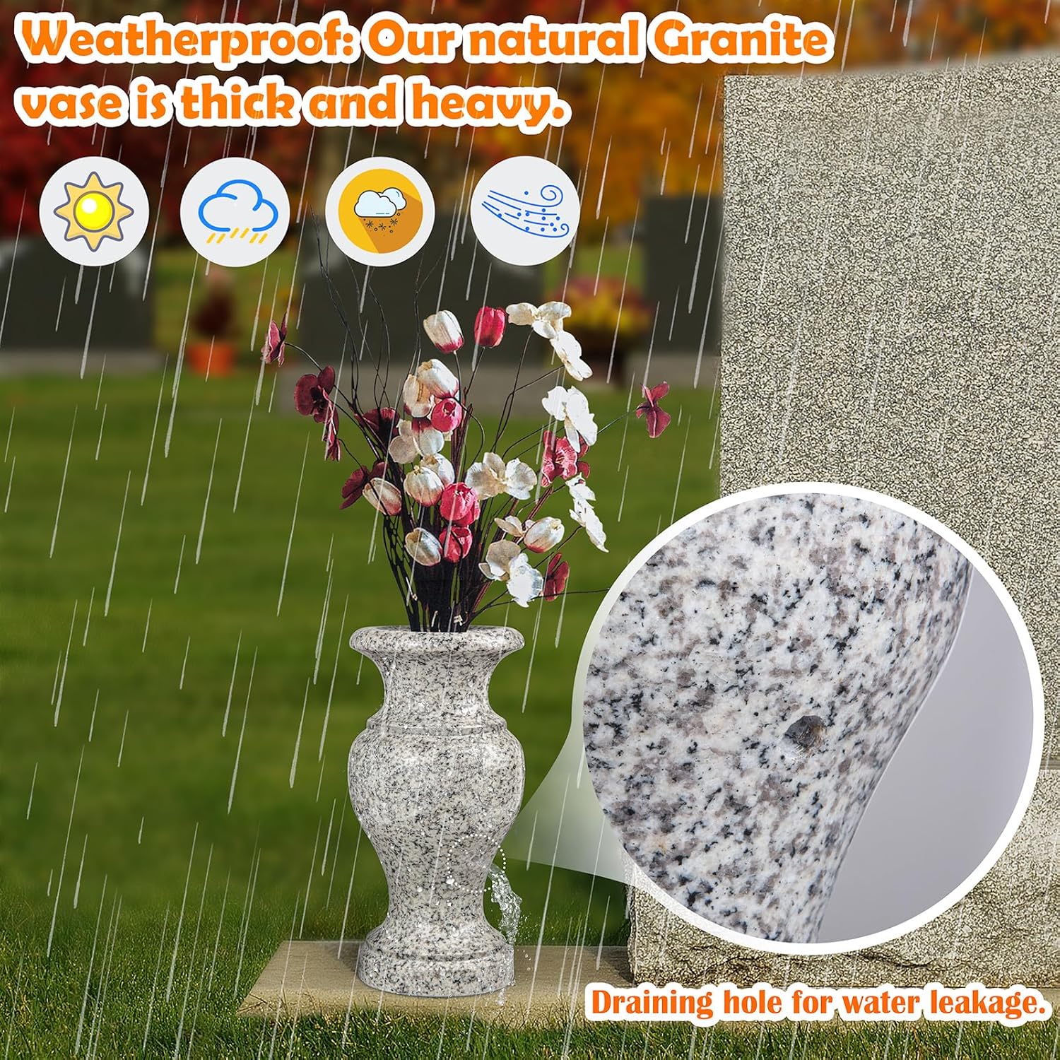 Cemetery Vase, Turned Granite Vase Polished, Memorial Stone Vases with Draining Holes for Home Tabletop, Cemetery Flowers, Grave Headstone Decorations (1pc, Grey)