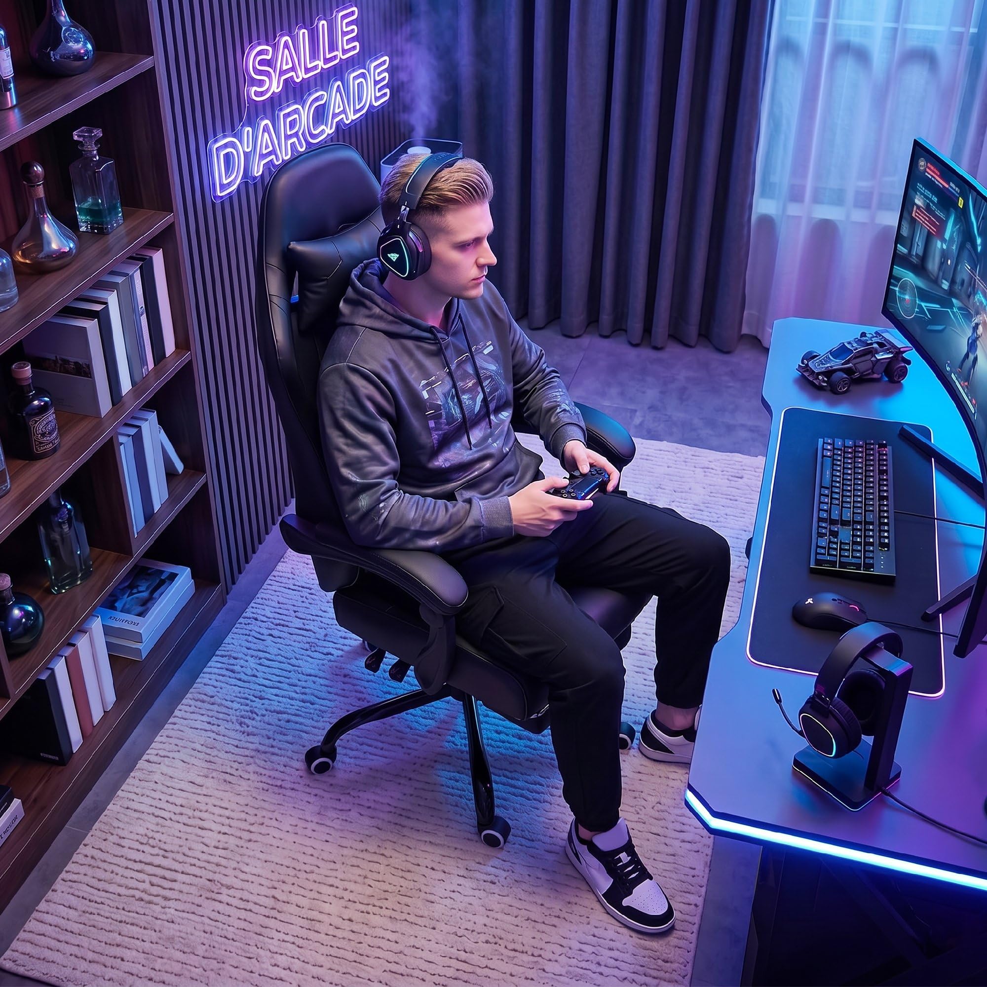 HOMCOM Silla Gaming Ergonómica Sillón Gamer 63 x 66 x 126-134 cm, Negro | Soporte para lumbar, respaldo reclinable, altura ajustable, reposapiés, reposacabezas, muebles de oficina