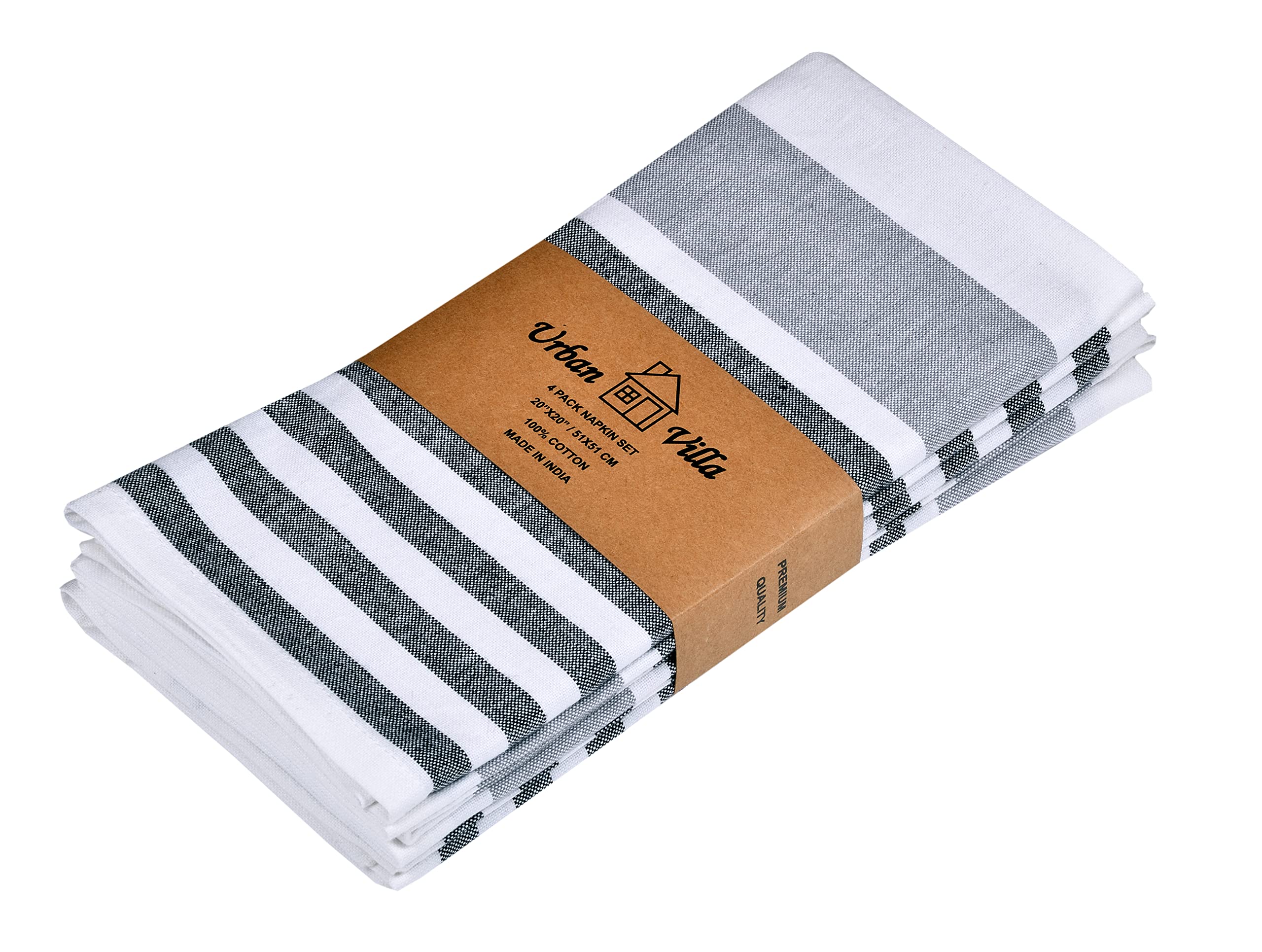 Urban Villa Horizontal Stripes Set of 4 Dinner Napkins (20X20 Inches) 100% Cotton Premium Over Sized Cloth Napkins with Mitered Corners Ultra Soft Durable Hotel Quality (Grey/Black)