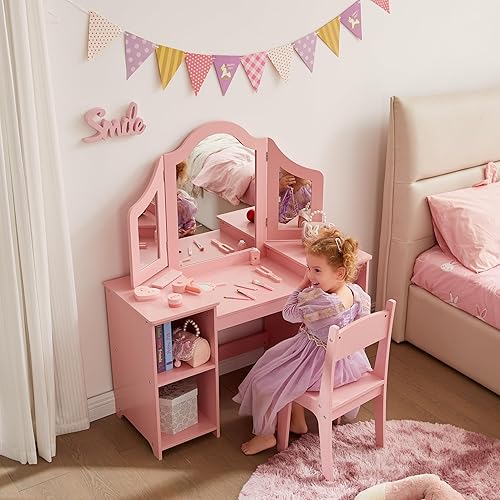 Miniatura 17 de Gabinete de almacenamiento de maquillaje de princesa 2 en 1 con parte superior desmontable, juego de tocador para niñas con espejo de tres pliegues,