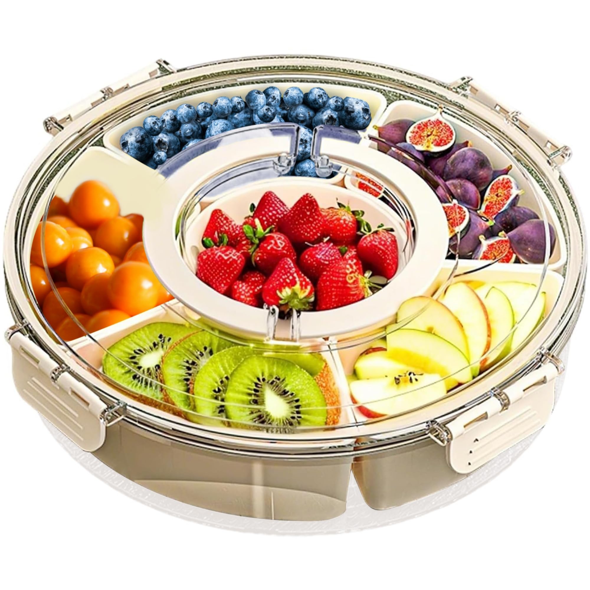 Snackle Box Drehbar mit Griff, Snackbox mit Deckel & 6 Herausnehmbaren Fächern, 360° Runde Snackschale Servierplatte für Party Picknick Reisen, Spülmaschinengeeignet, Cremeweiß 26cm
