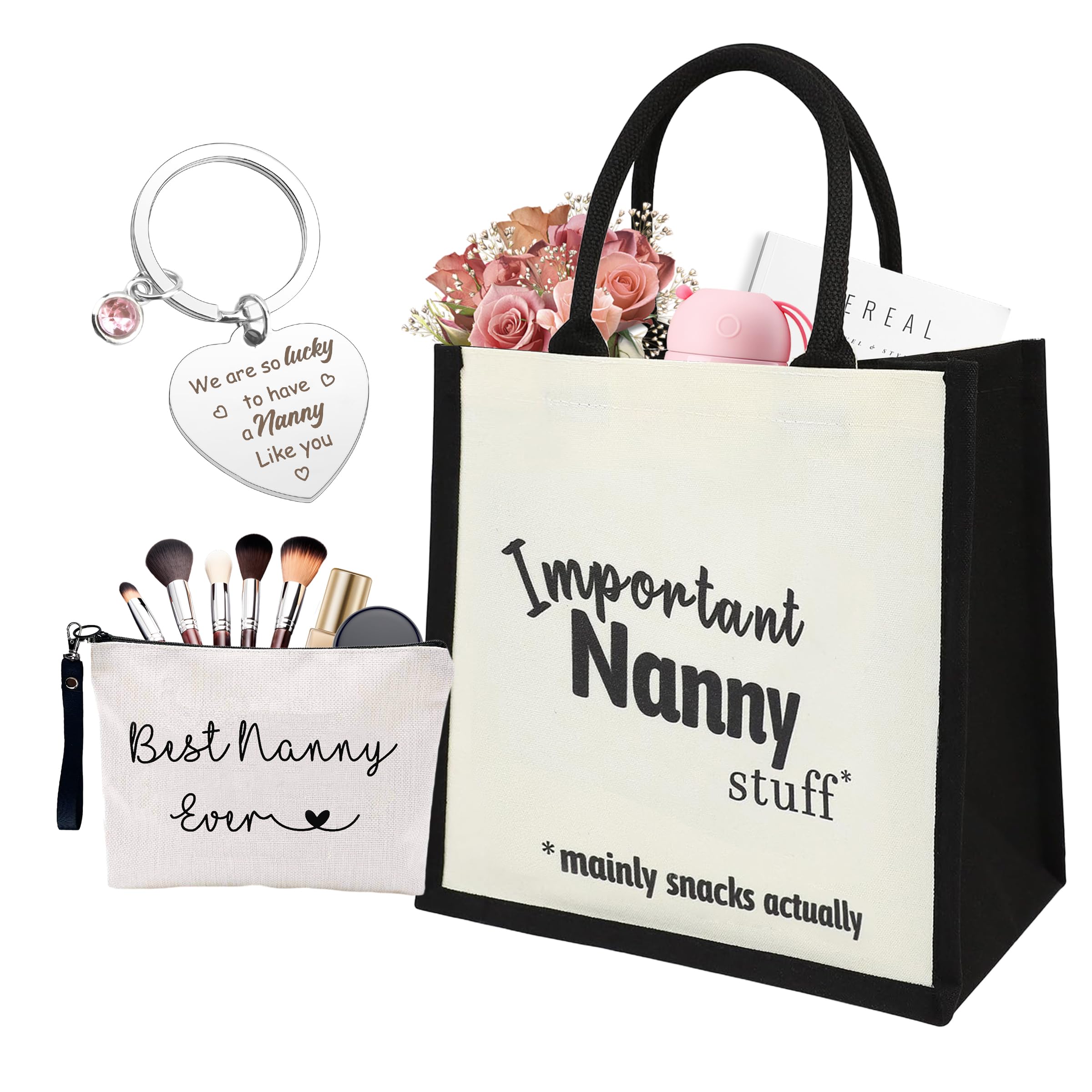 Best Nanny Ever Gift Set - Nanny Gift Set with Cosmetic Bag, Tote Bag and Keyring, Perfect Nanny Gifts for Mother's Day, Birthday, Christmas from Grandchildren