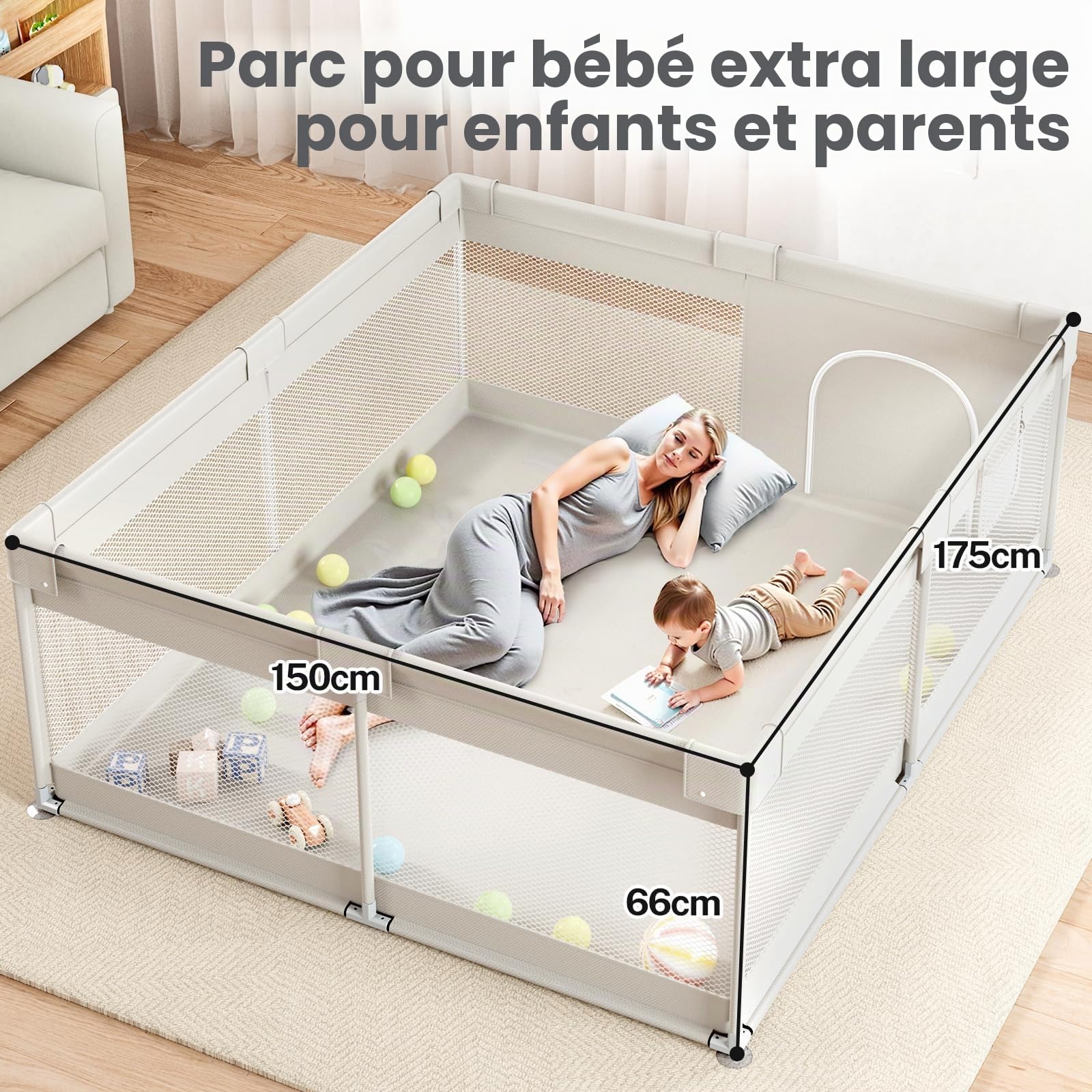 Grand parc pour bébé 175x150x64 cm – Parc sûr XXL pour bébé avec filet respirant, facile à monter, antidérapant et stable pour le salon et le jardin