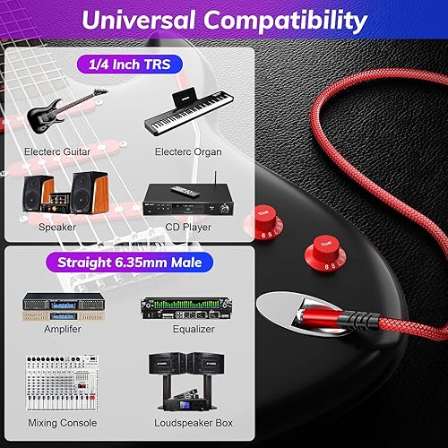 Miniatura 6 de Canjoy Cable de instrumento TRS de 14 de pulgada, paquete de 2 cables de guitarra de 10 pies, macho de 0.250 in a 0.250 in, cable AMP para guitarra