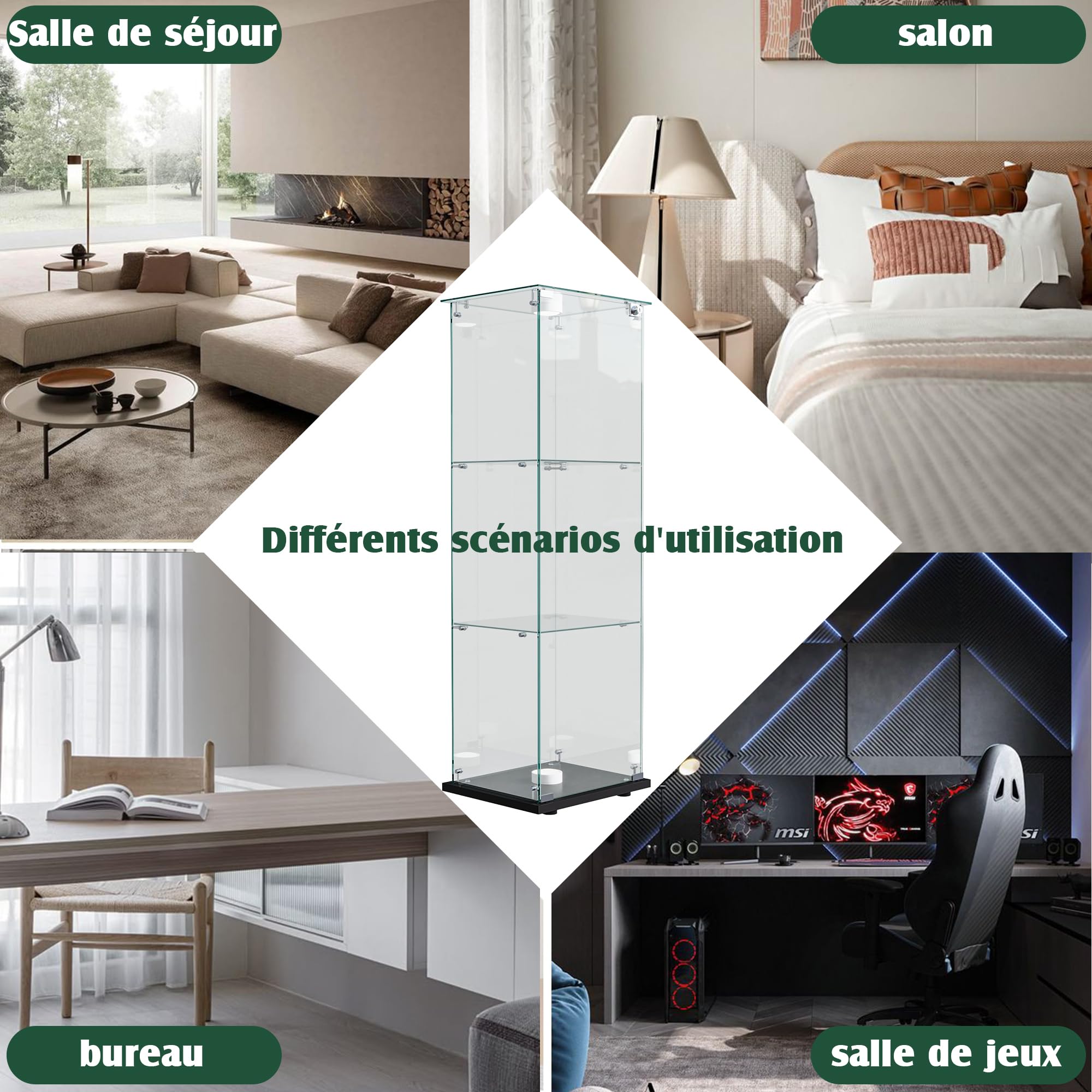 Vitrina de cristal con luces LED moderna, armario de 3 estantes y puerta, pared para colección, dormitorio, salón y comedor, 123 x 40 x 35 cm, color negro