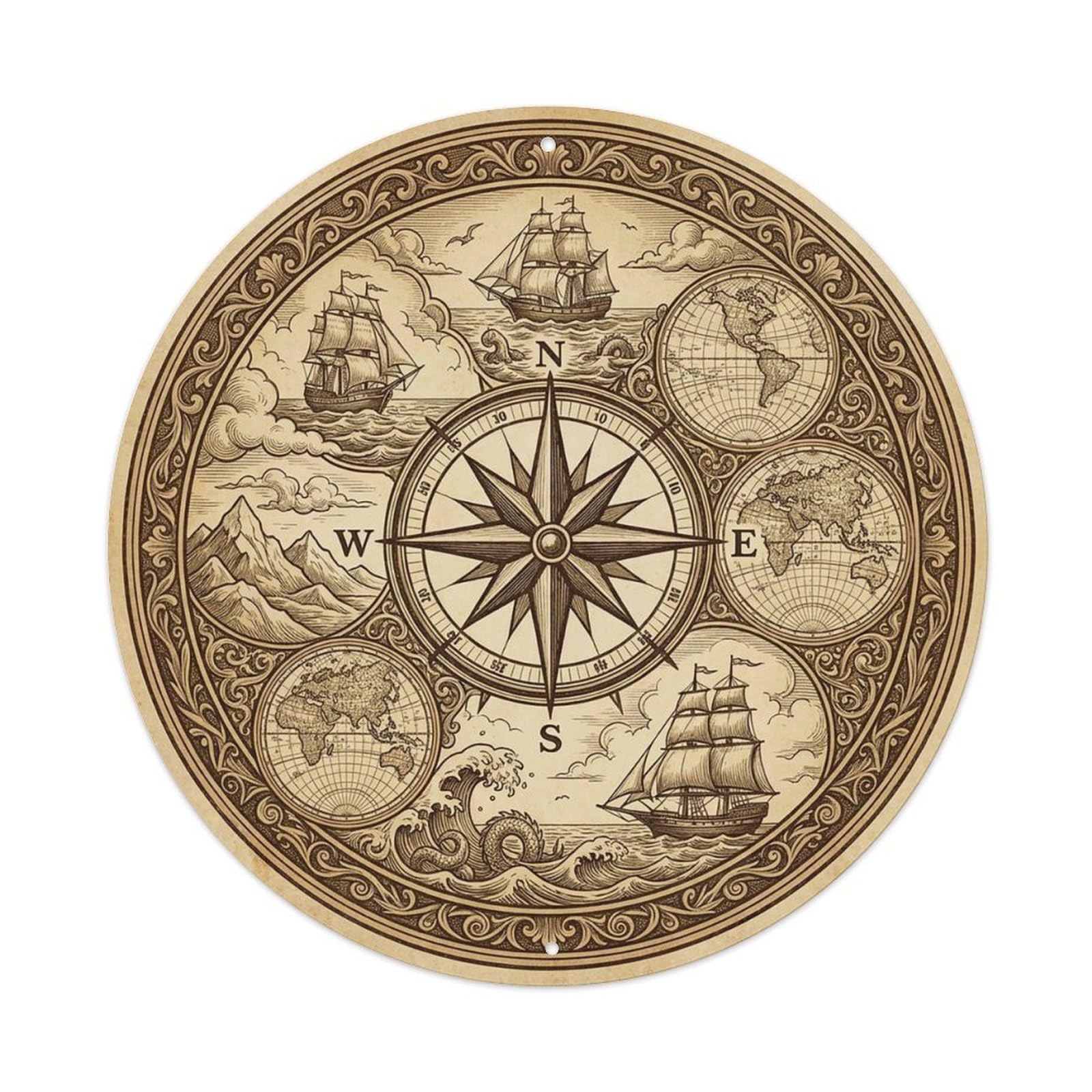 Vintage Nautical Compass World Map Geographic Atlas Metal Tin Sign