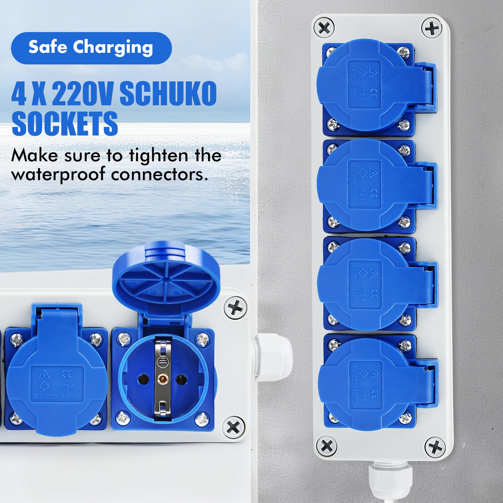 Distribuidor de Enchufes de Pared Caja de Distribución Tomas Schuko 4 x 220 V IP54 Distribuidor de Pared 16A con Cubierta Protectora Individual para Talleres, Interiores y Exteriores