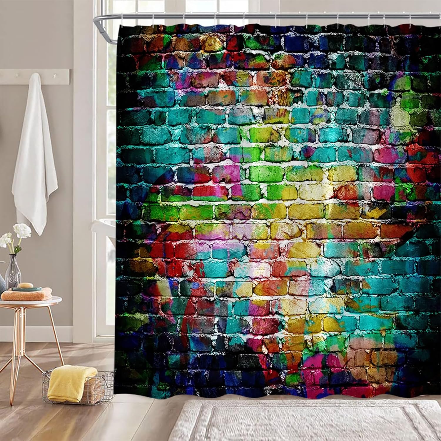 Colorful Brick Wall Shower Curtain Graffiti Wall Urban Street Art Painted Grunge Retro Abstract Splash Printing Bathroom Decor Polyester Curtain with Hooks,70"x70"