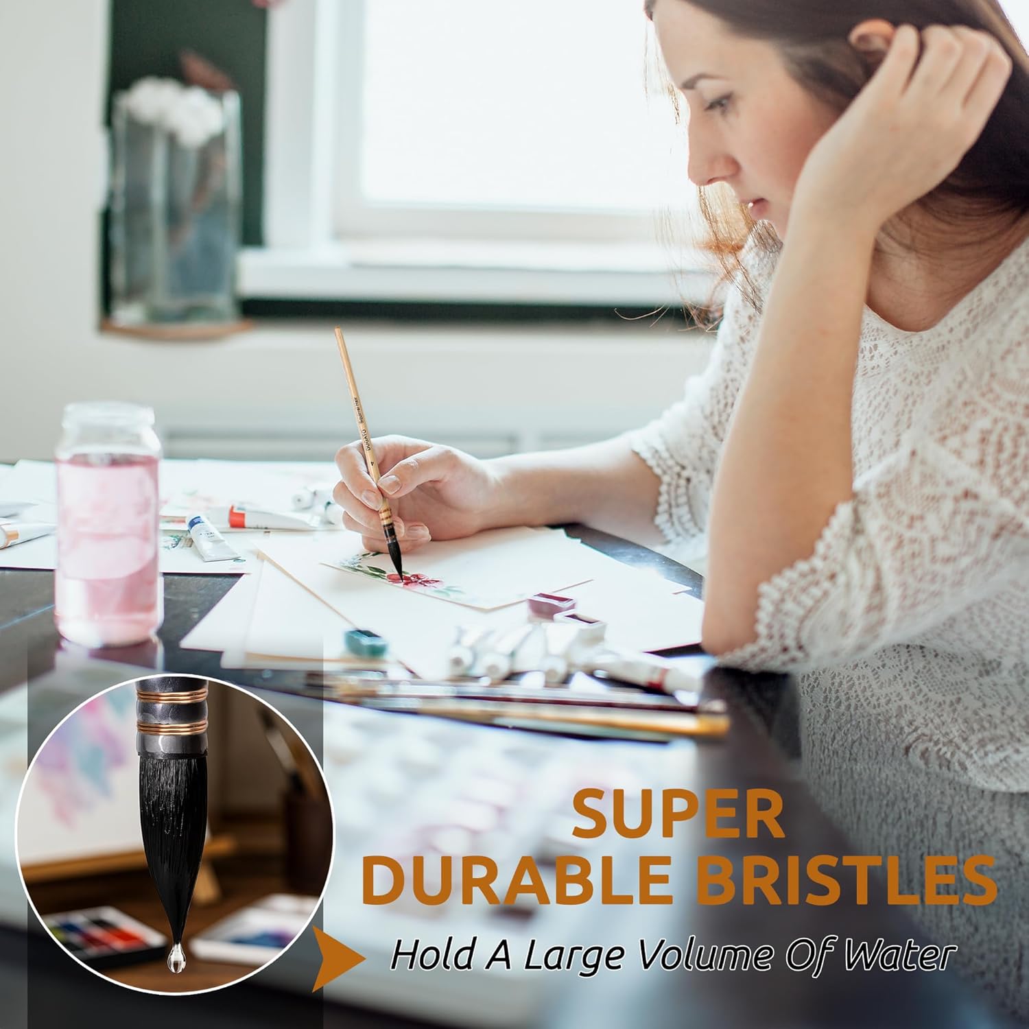 DUGATO 100% Real Squirrel Hair Watercolor Paint Brushes Set – Mop Round Fine Tip Professional Artist Brushes for Gouache, Acrylic, Oil & Wash Techniques (4 Brushes)