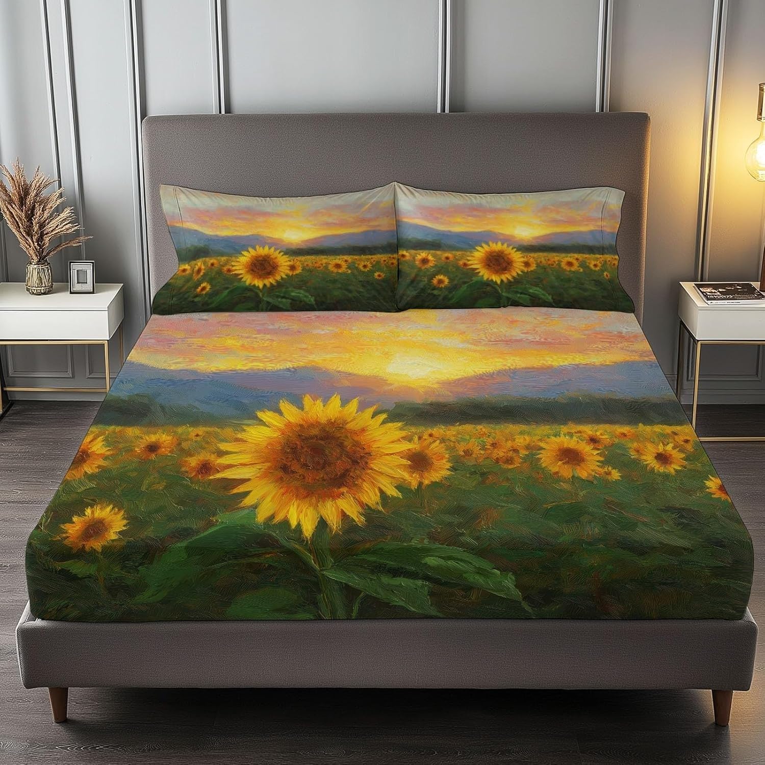 Sunflower Fitted Sheet Sunset Bed Sheets Deep Pocket 12 inch (30 cm) Soft Cozy 3 Piece Microfibre Bed Sheet 200x200 cm with 2 Pillowcases 50x75 cm