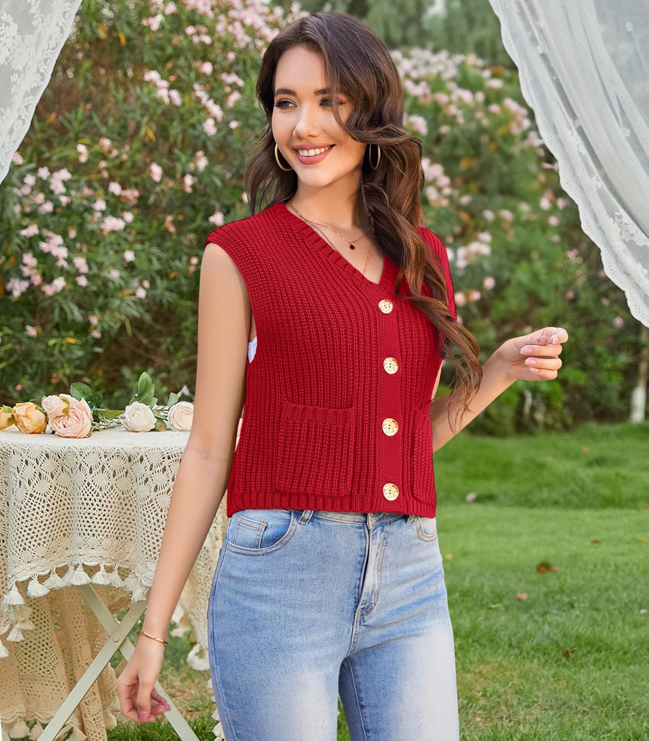 Womens Summer Crop Knit Sweater Vest Sleeveless Button Down Chunky Knit Vest Cardigan with Pockets - Image 2