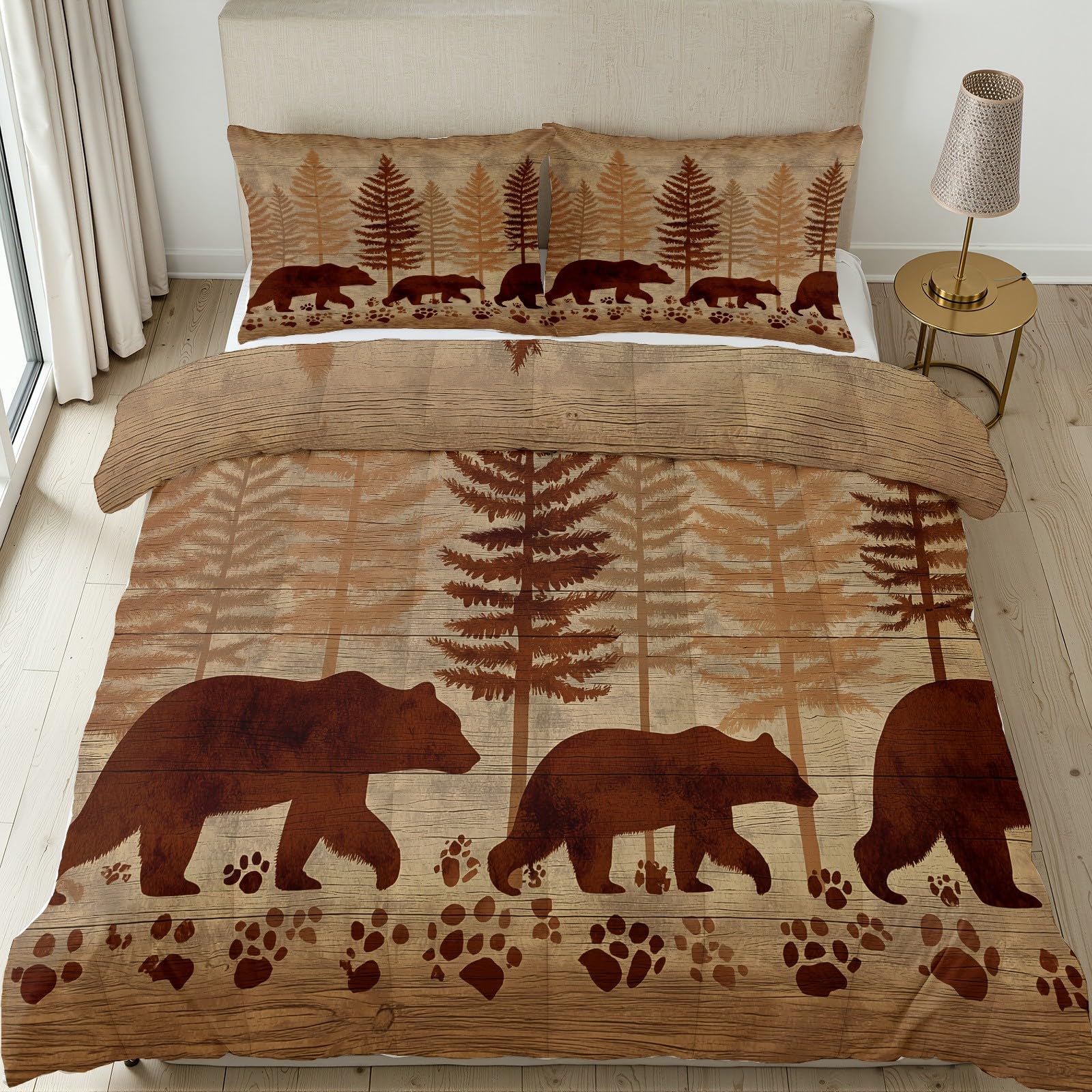 Rustikal Holz Optik Bettdecke Ohne Bezug - Waldtiere Bär Bettdecke 220x240 mit 2 Kissenbezug 80x80 cm - Waschbare Bettdecken Weich für 4 Jahreszeiten Duvet mit Reißverschluss