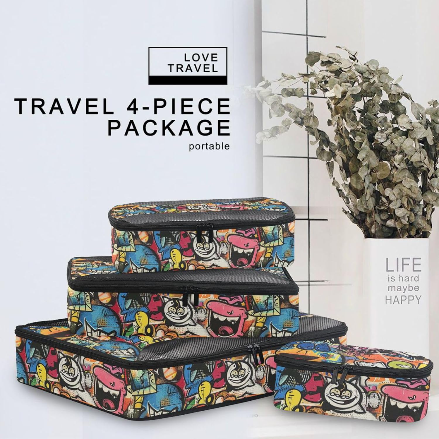 Cartoon Collage 4 Pcs set organizer for closet Mesh Travel Essentials expandable compression packing cubes travel