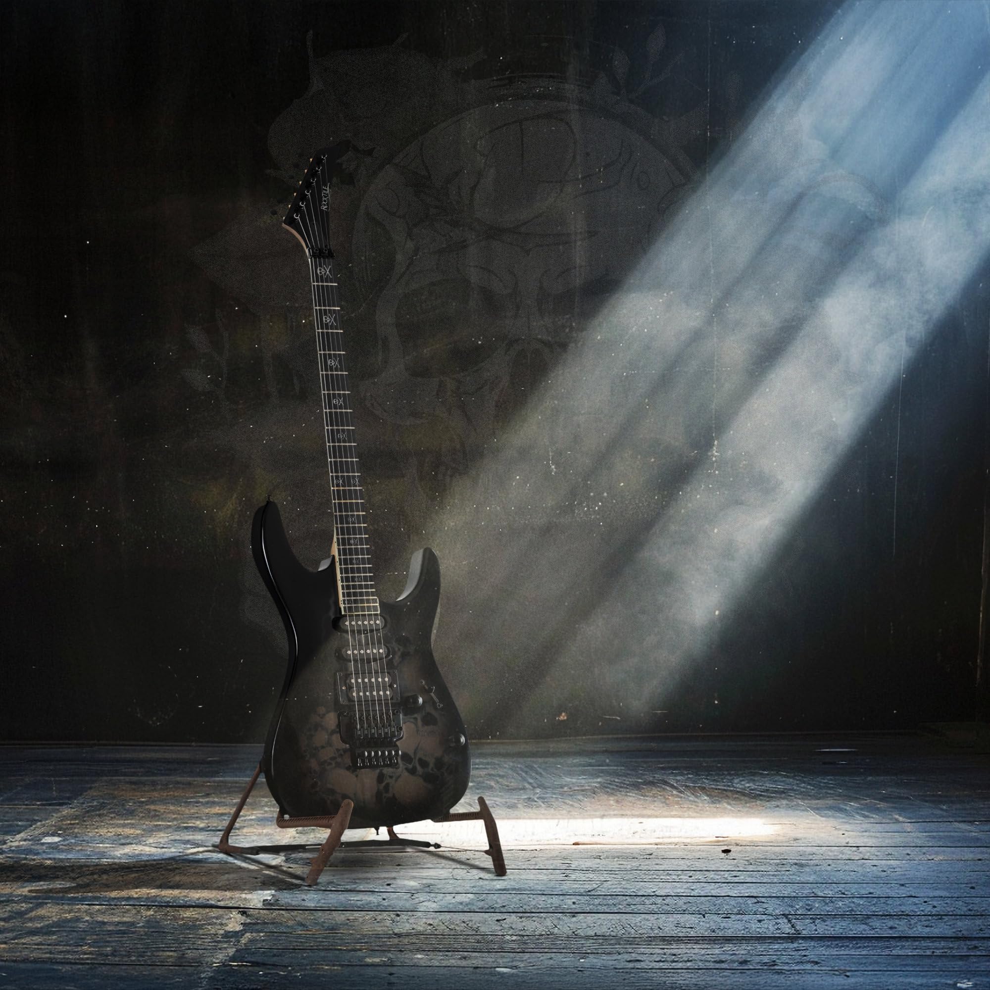 Rocktile Pro JK150-BSK Chitarra Elettrica Skull - ST-Style 6 Corde - Pickup HSS - Tremolo FR-Style - 24 Tasti Jumbo - Corpo in Ontano - Manico in Acero - Accessori Inclusi - Nero con Design Skull