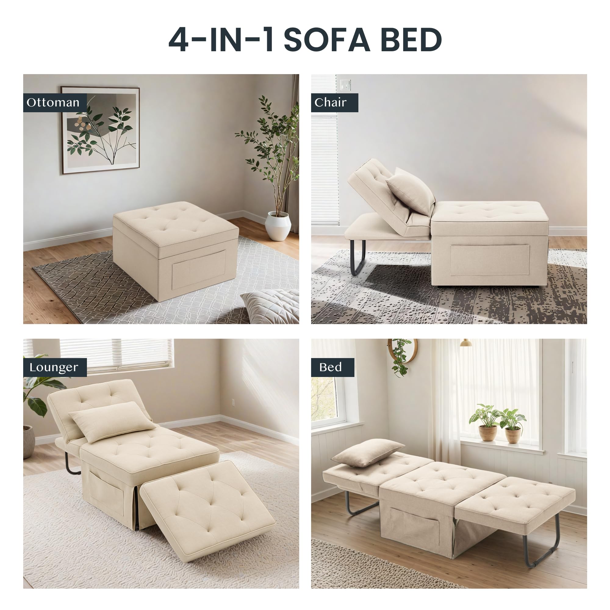 FLEXISPOT Poltrona Relax Pieghevole 3 in 1, Sedia a Sdraio Trasformabile con Funzione Letto, Portata 300 kg,Beige, 72×69×35 cm