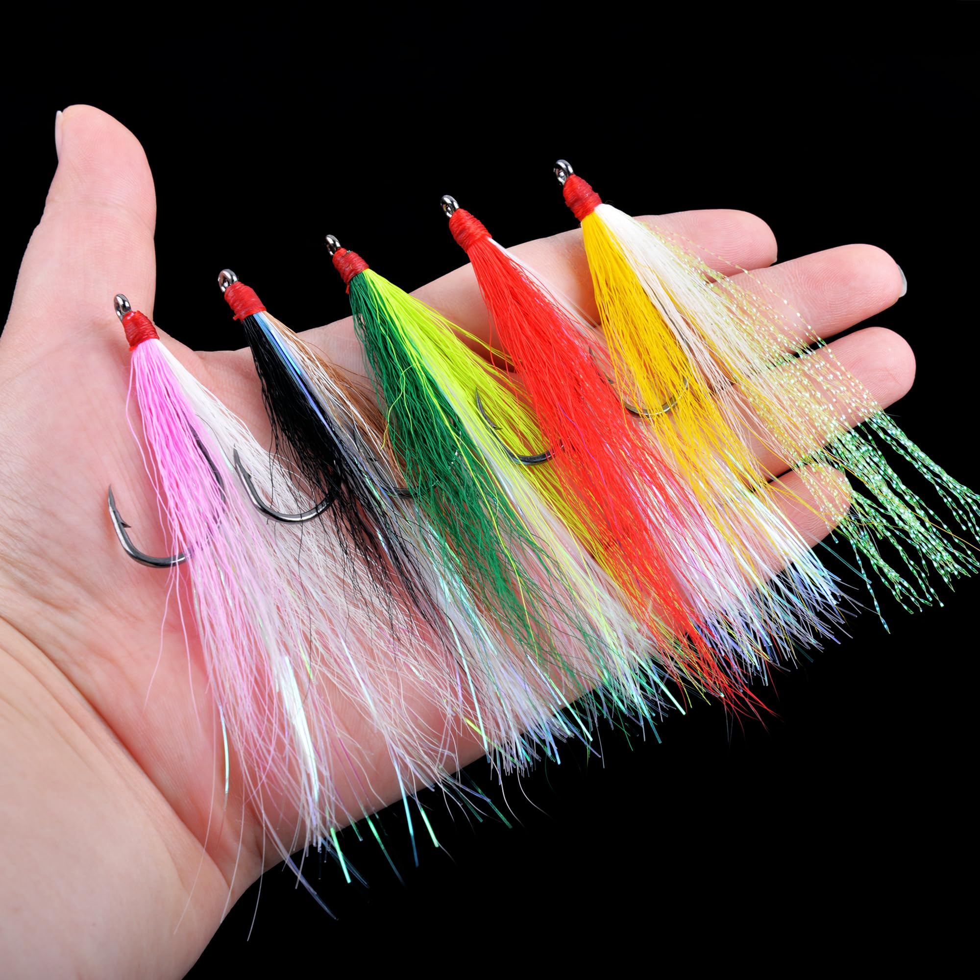 10 Stück Bucktail Teaser mit Angelhaken, 5 Farben, Angelköder, Bucktail Crastal Mylar, Blitzröcke für Salmom Forelle