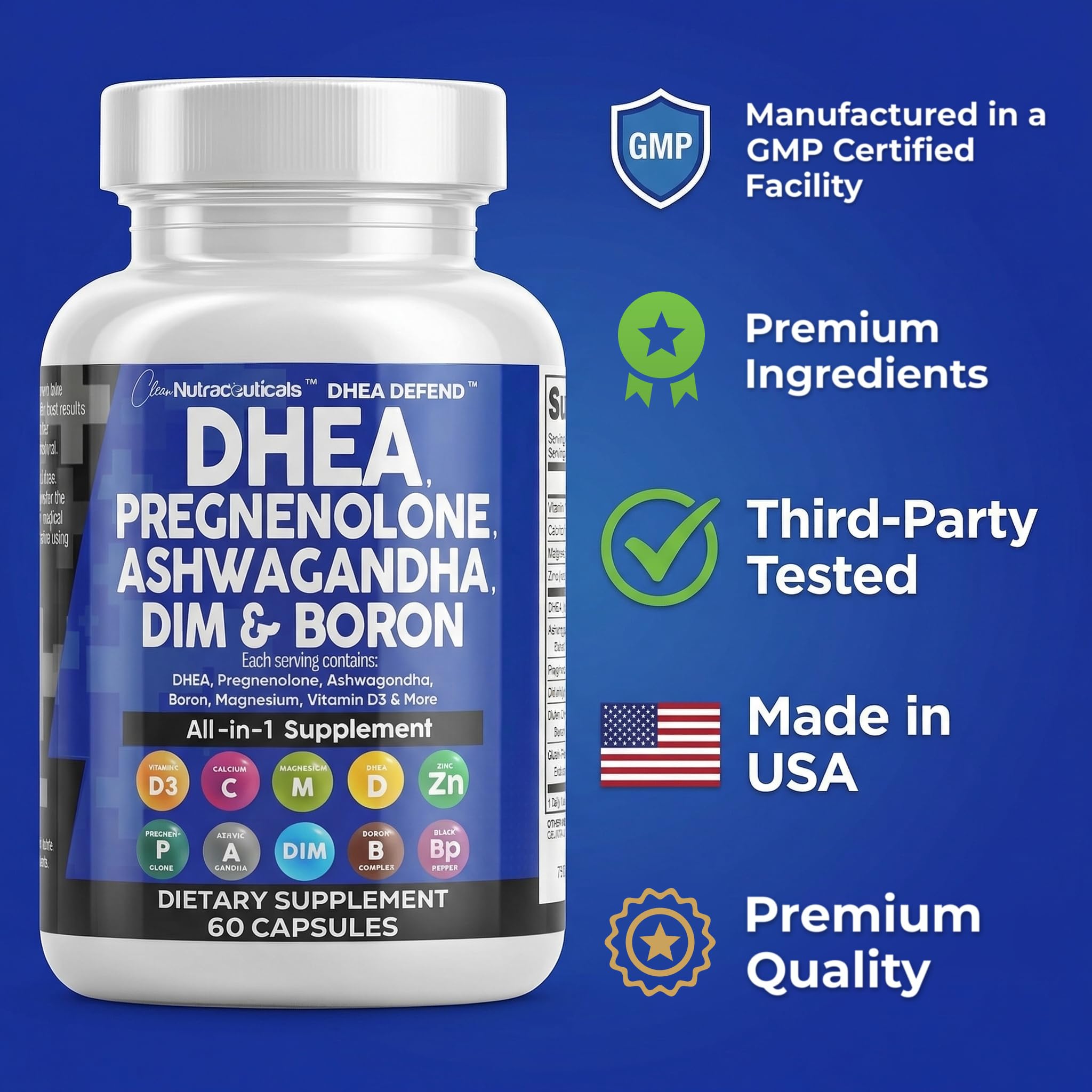DHEA 200mg Supplement Pregnenolone 100mg for Men & Women with DIM Ashwagandha Boron 6mg Complex Calcium Magnesium Zinc 50mg Vitamin D3 5000 IU Hormone Support Capsules Pills 60 Count — Amazon image 7