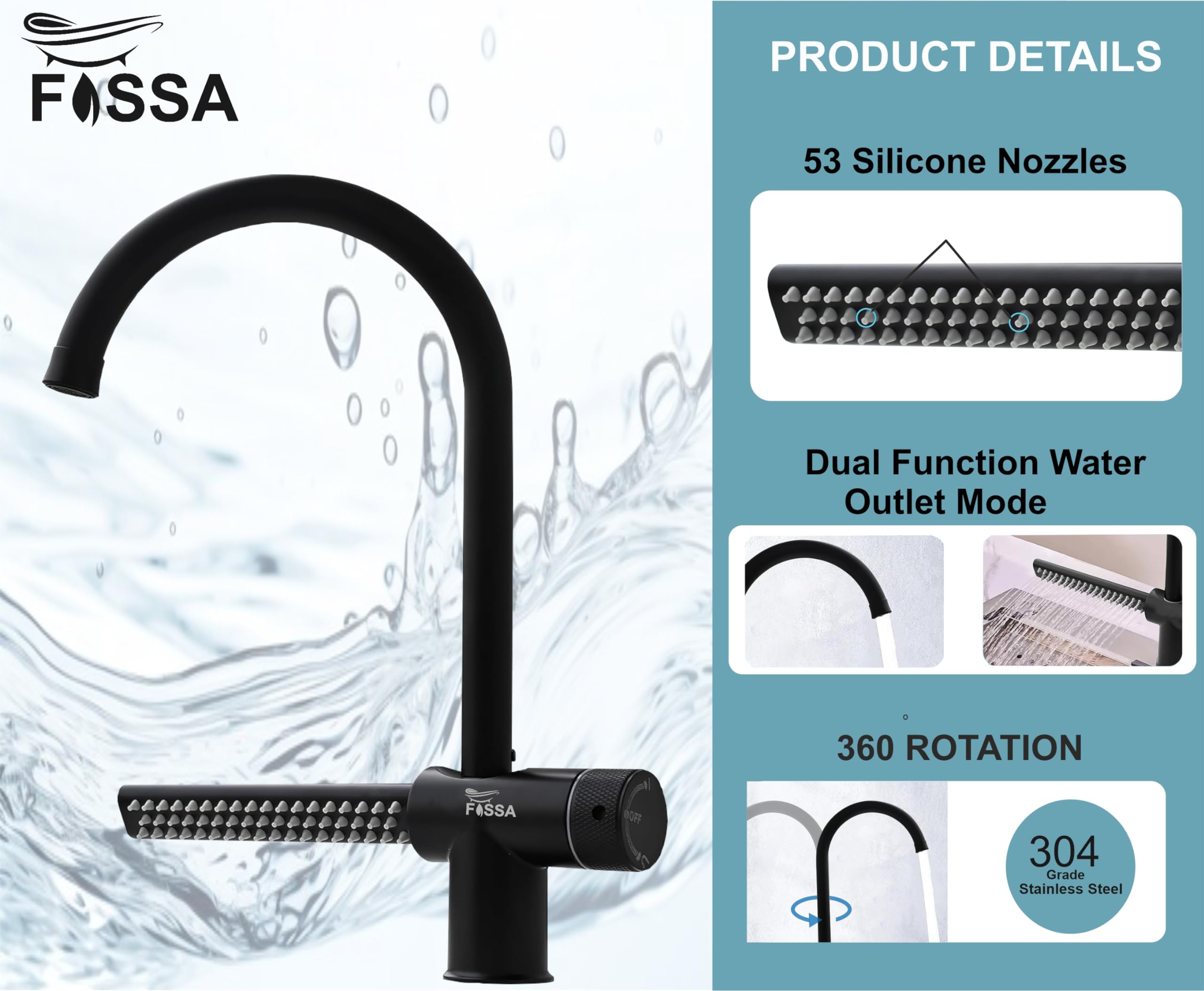 Fossa Waterfall Sink Mixer with Swivel Spout, Hot & Cold Kitchen Tap Mixer 304 Grade Stainless Steel Matt Fanish Black Waterfall Feature (Black) 1