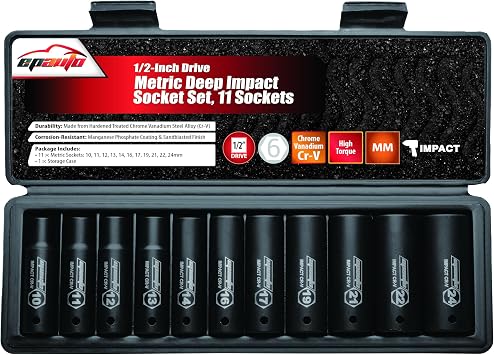 EPAuto 1/2-Inch Drive Metric Deep Impact Socket Set, 6 Points, 11 Sockets
