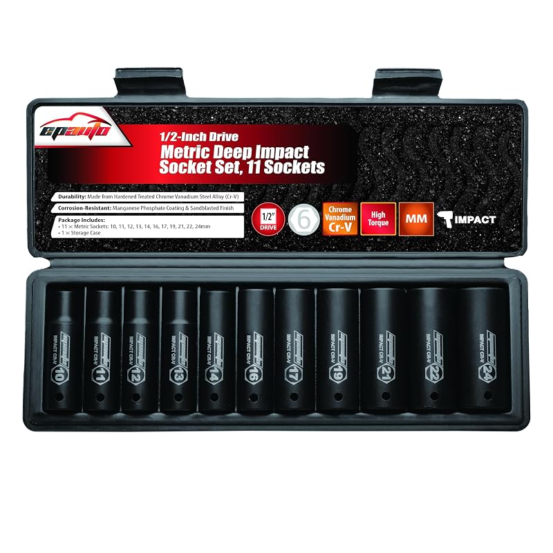 Jogo de Soquetes de Impacto Profundos EPAuto Métricos, Encaixe de 12,7 mm (1/2 pol.), 6 Pontos, 11 Peças