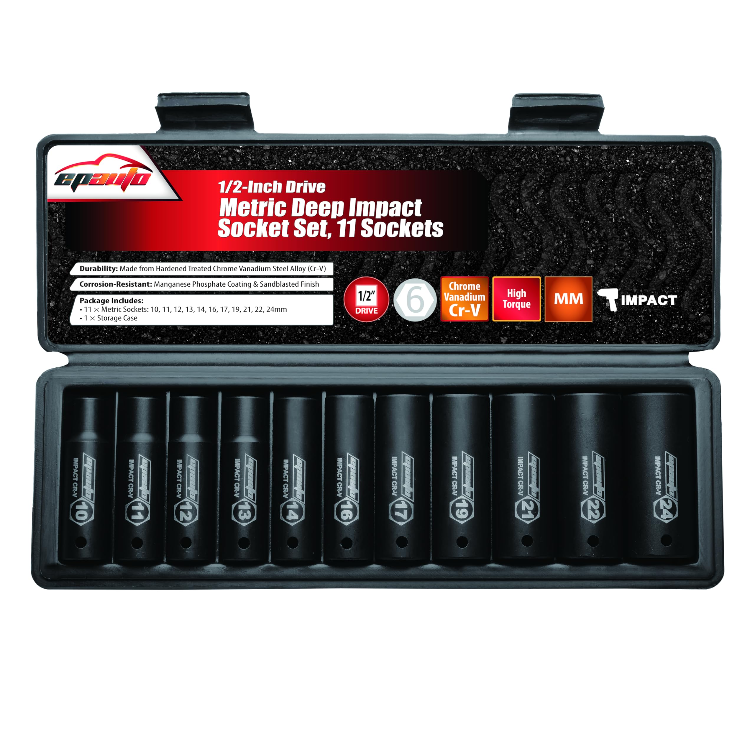 EPAuto 1/2-Inch Drive Metric Deep Impact Socket Set, 11 Sockets