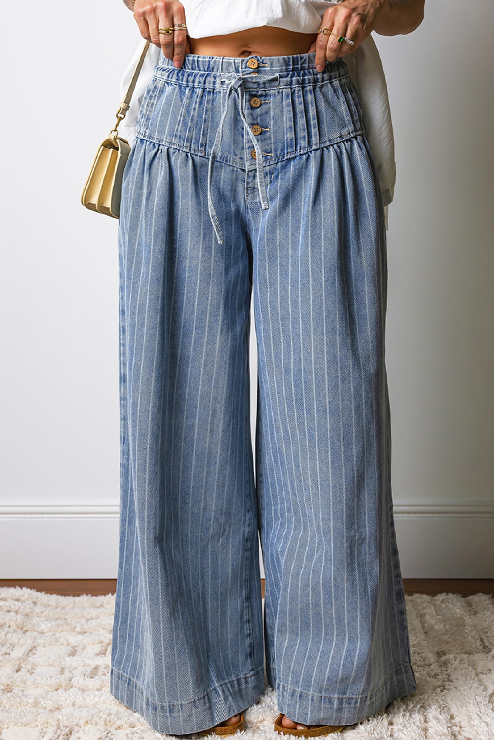 Jeans A Vita Alta A Campana da Donna con Fascia Elastica in Vita vestibilità Larga Stampa A Righe Pantaloni Denim A Gamba Larga