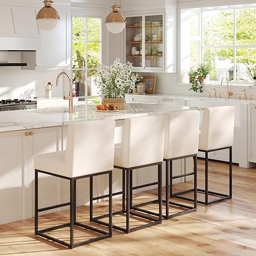Miniatura 12 de HNY Taburete de bar moderno de altura de mostrador, taburete de bar tapizado de tela de lino con respaldos, taburetes de isla de cocina de 27 crema