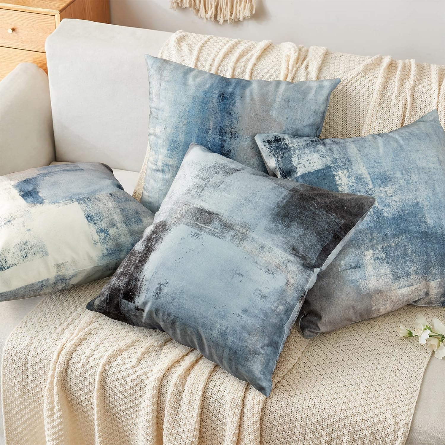 EZVING - Set di 4 federe per cuscino, stile moderno, astratto, blu navy, a righe, grigio, nero, bianco, acrilico, grigio audace, decorazione per la casa, 45 x 45 cm