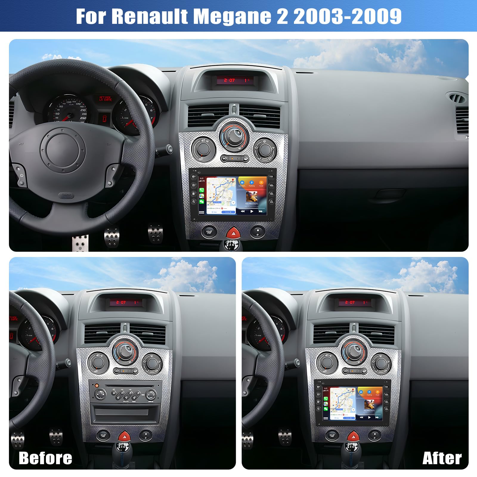 2G+64G GOHHDL Android 13 Autoradi für Renault Megane 2 2002-2009 mit Carplay Android Auto, 7 Zoll Touchscreen Radio mit Bluetooth GPS FM/RDS WiFi SWC Rückfahrkamera & MIC