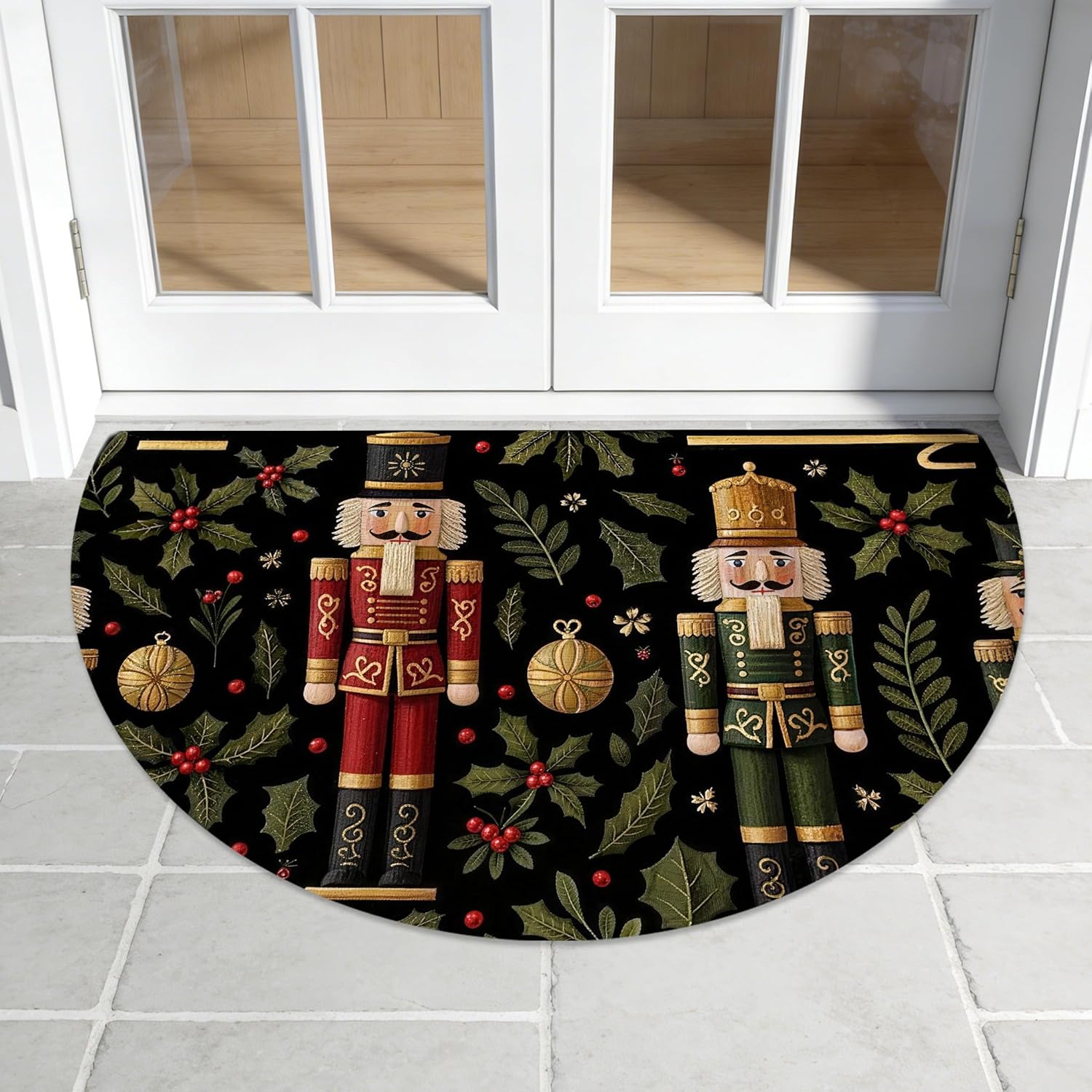 Christmas Half Round Doormat, Merry Christmas Non-Slip Washable Semicircle Rug, Durable Half Moon Mat for Indoor Outdoor Entrance, Living Room Kitchen Holiday Decor (Red Bow)