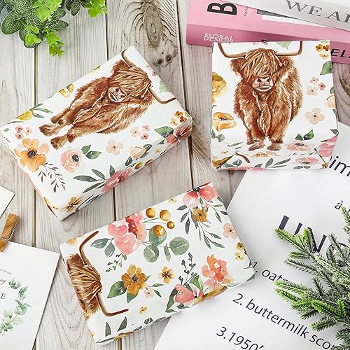 Miniatura 3 de AnyDesign Papel de regalo de vaca de las tierras altas de las tierras altas, papel de regalo de flores bohemias a granel, papel de arte de vaca
