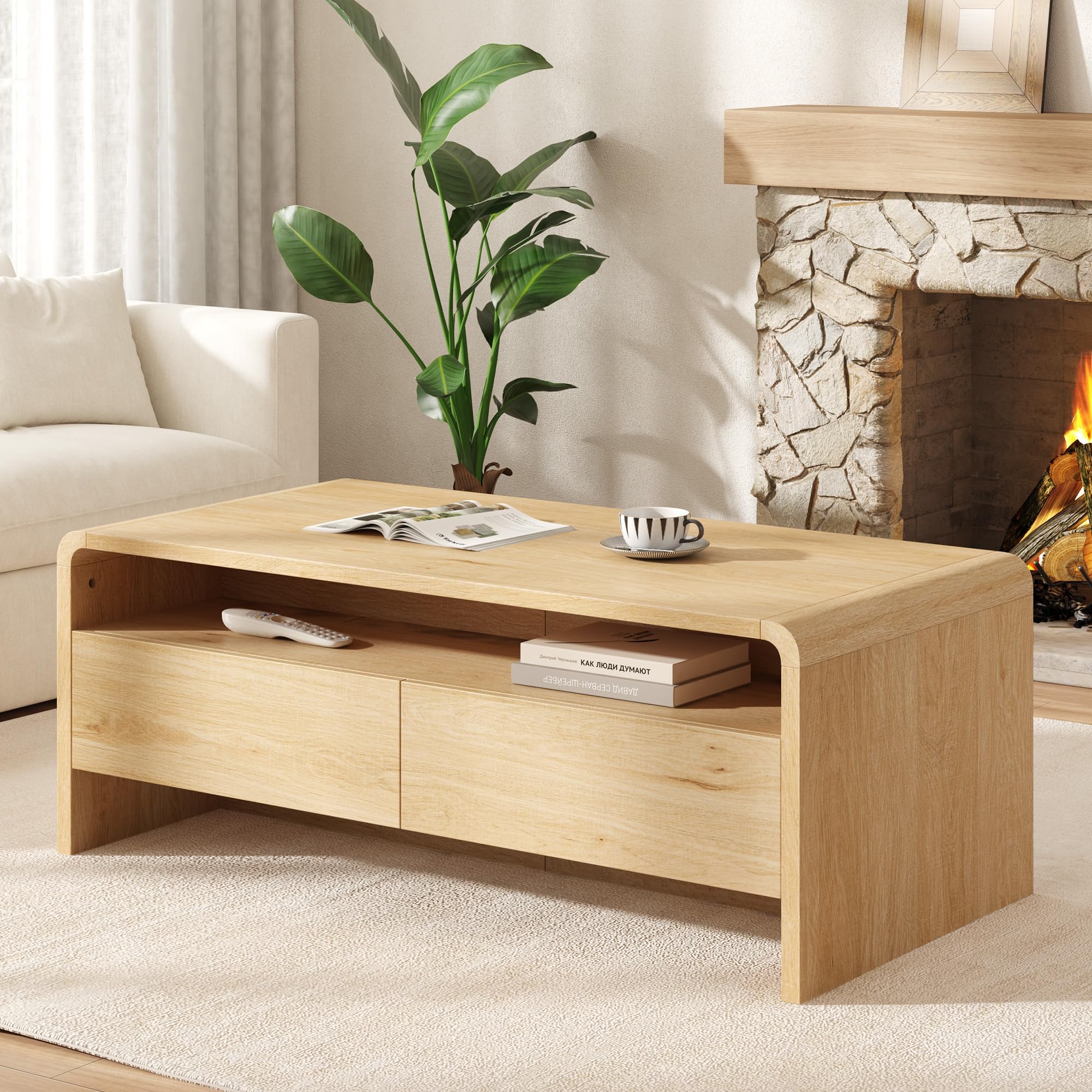 AMERLIFE Modern 39.4" Coffee Table with Rounded Edges &amp; Storage