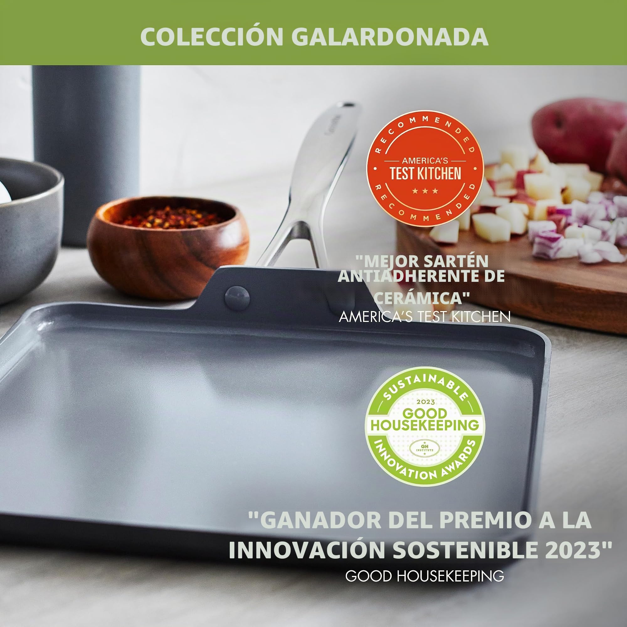 GreenPan Valencia Pro Sartén cuadrada 28 cm antiadherente cerámica anodizada dura, sin PFAS, inducción, apta para lavavajillas, apta para horno, gris