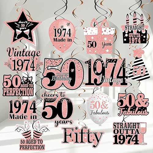36 piezas de oro rosa para cumpleaños número 50 para mujer, decoraciones de fiesta vintage 1973, espirales colgantes de cincuenta años, suministros