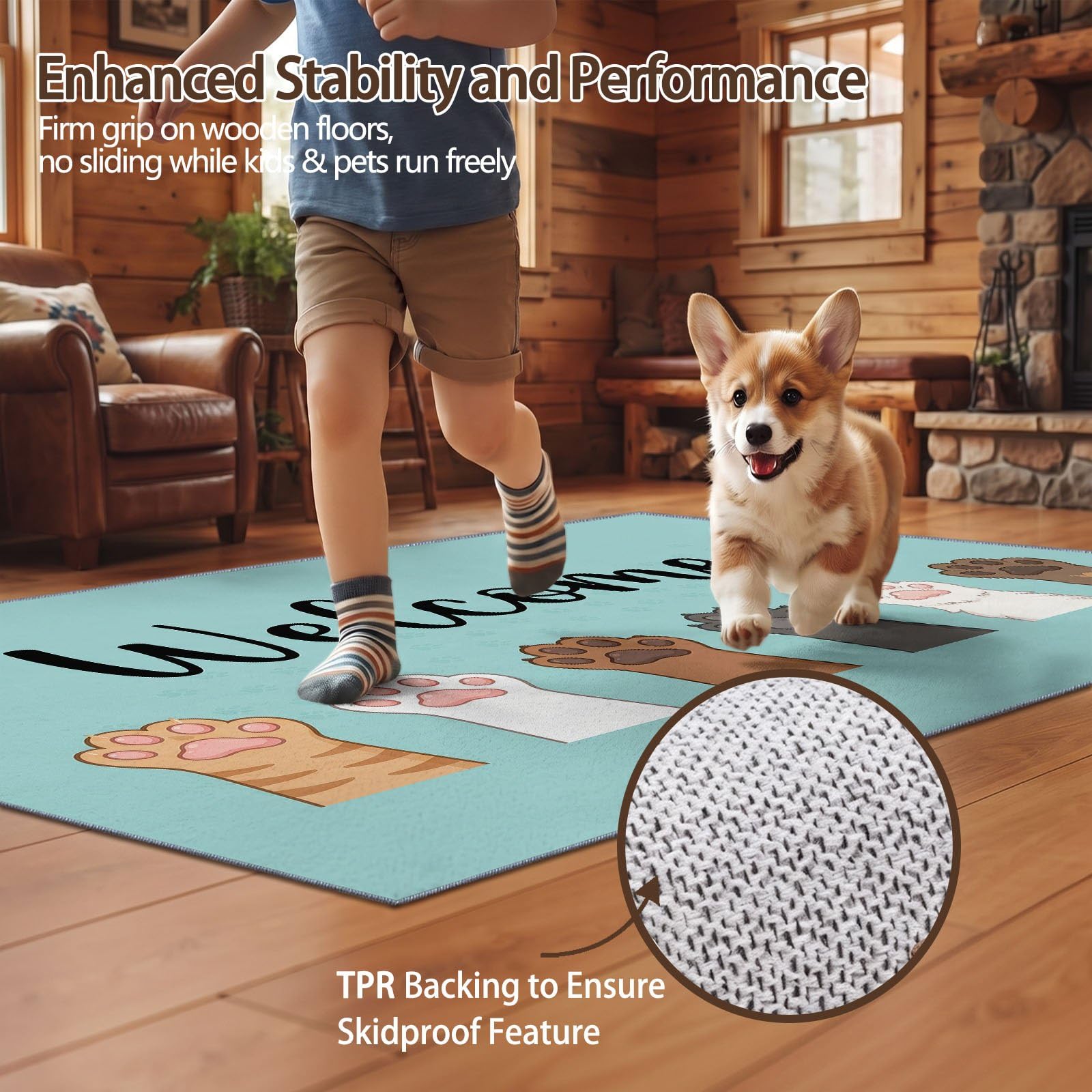 80 x 150 cm Waschbar Teppich Cartoon Minimalistisch Katzenpfote Willkommen Text Weiche Rutschfeste Bodenmatte für Schlafzimmer Wohnzimmer Küche Kinderzimmer, Kurzflorige Flauschige Matte, Blau Schwarz