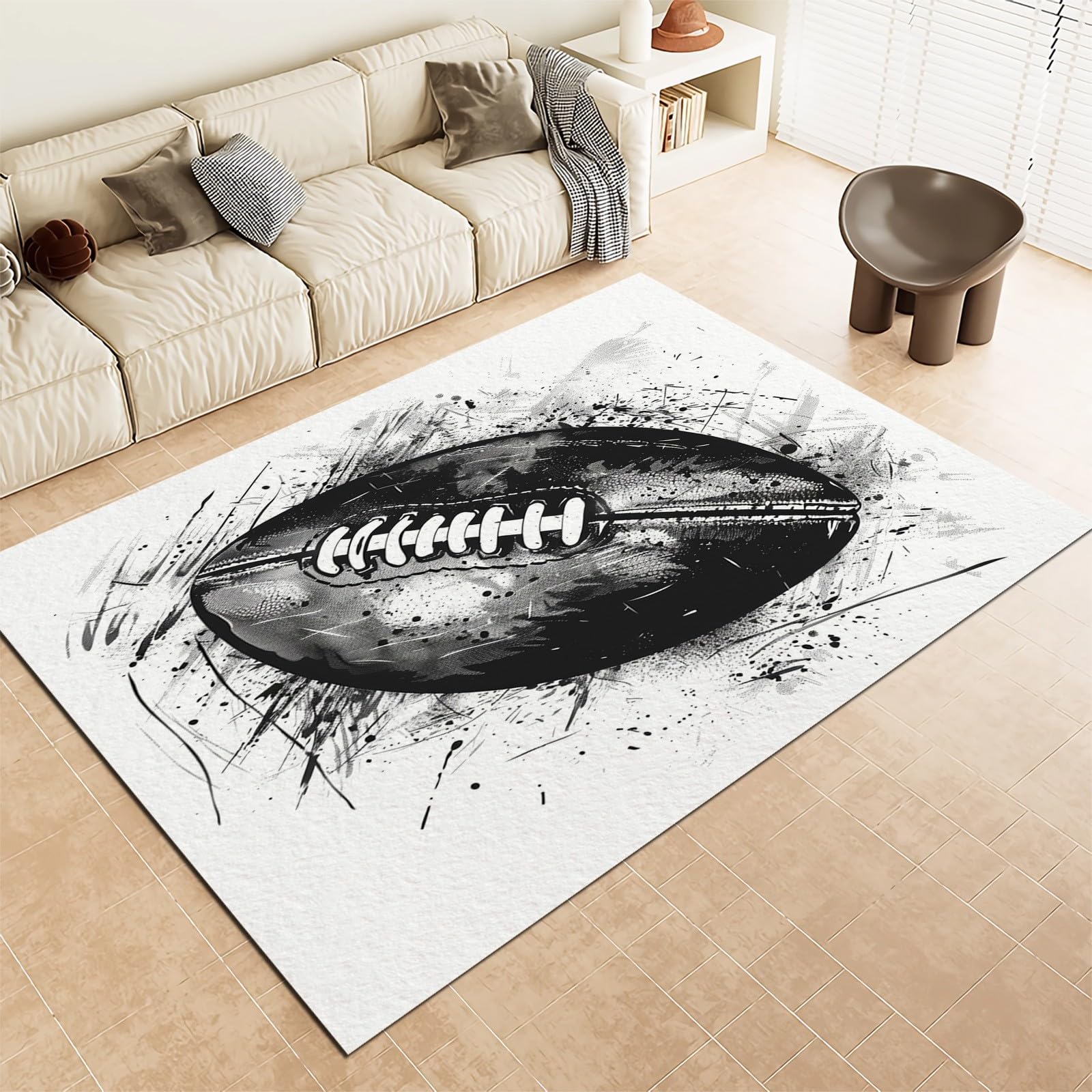 Tapis Lavable en Machine 80x150 cm Modèle Dessiné À La Main De Rugby, Moquette Poils Courts Doux, Antidérapant Résistant pour Salon Chambre d'enfant Entrée