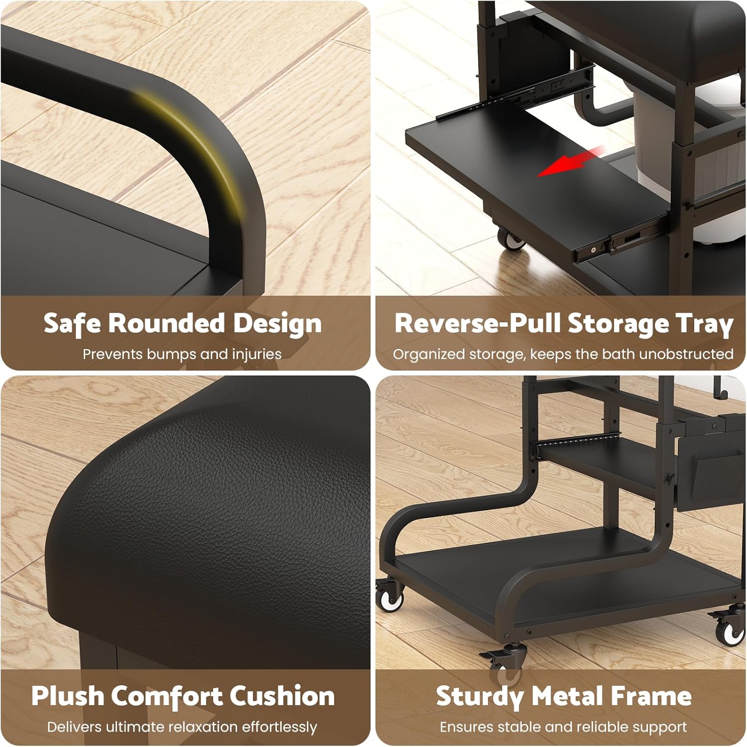 Adjustable Pedicure Foot Rest with 3-Level Height, PU Cushion, Storage & Locking Wheels, Mobile Pedicure Cart Foot Bath Trolley for Foot Bath, Salon & Spa (Black)