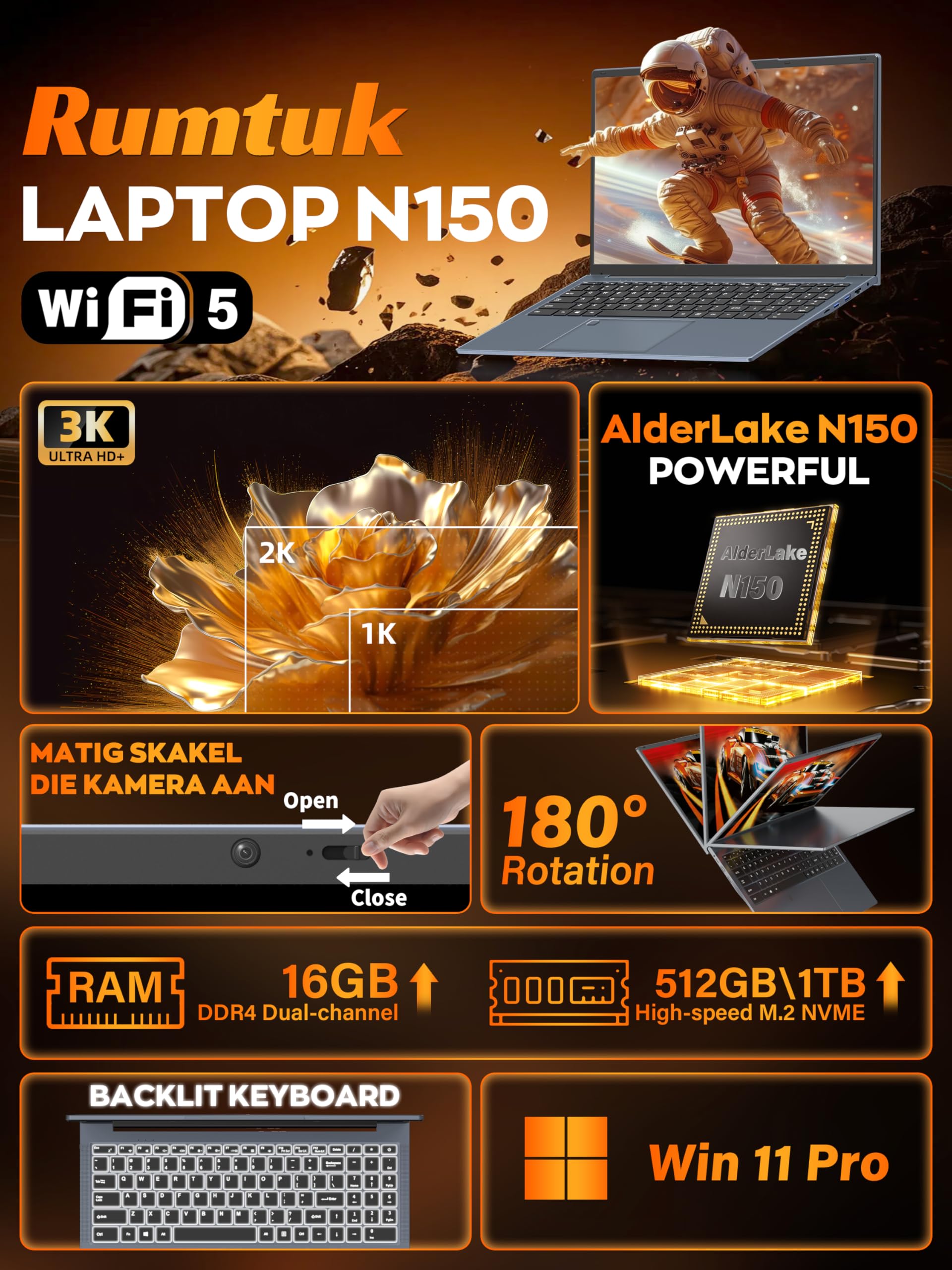 Computer portatile 3K da 16 pollici per affari e studenti, processore Celeron N150 a 4 core (fino a 3,6 GHz), SSD NVME da 512 GB 16 GB RAM, Win 11 Pro, impronte digitali, KB retroilluminato