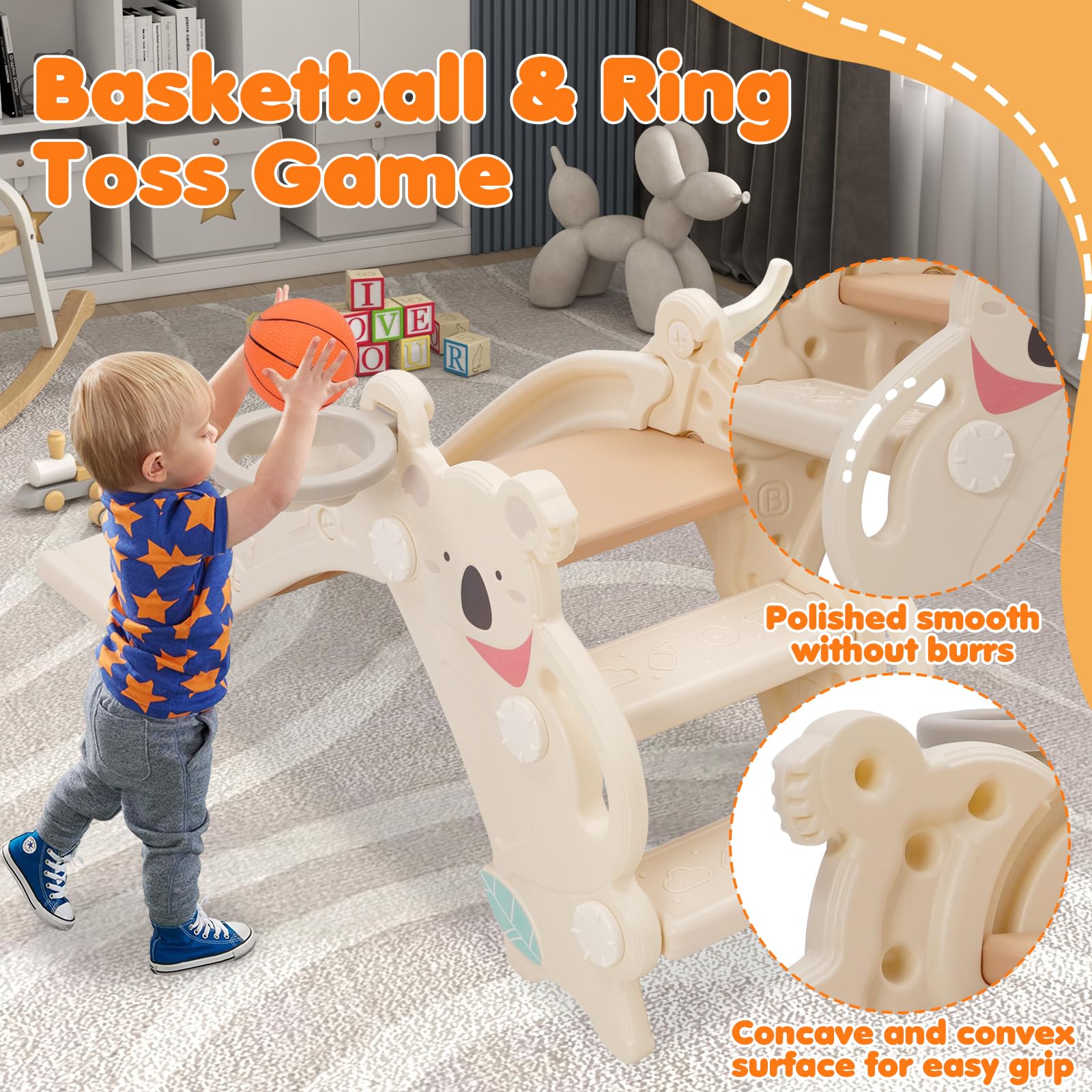 Tobogán infantil 4-en-1 con canasta y anillas. Estructura plegable, antideslizante, ideal 2-4 años