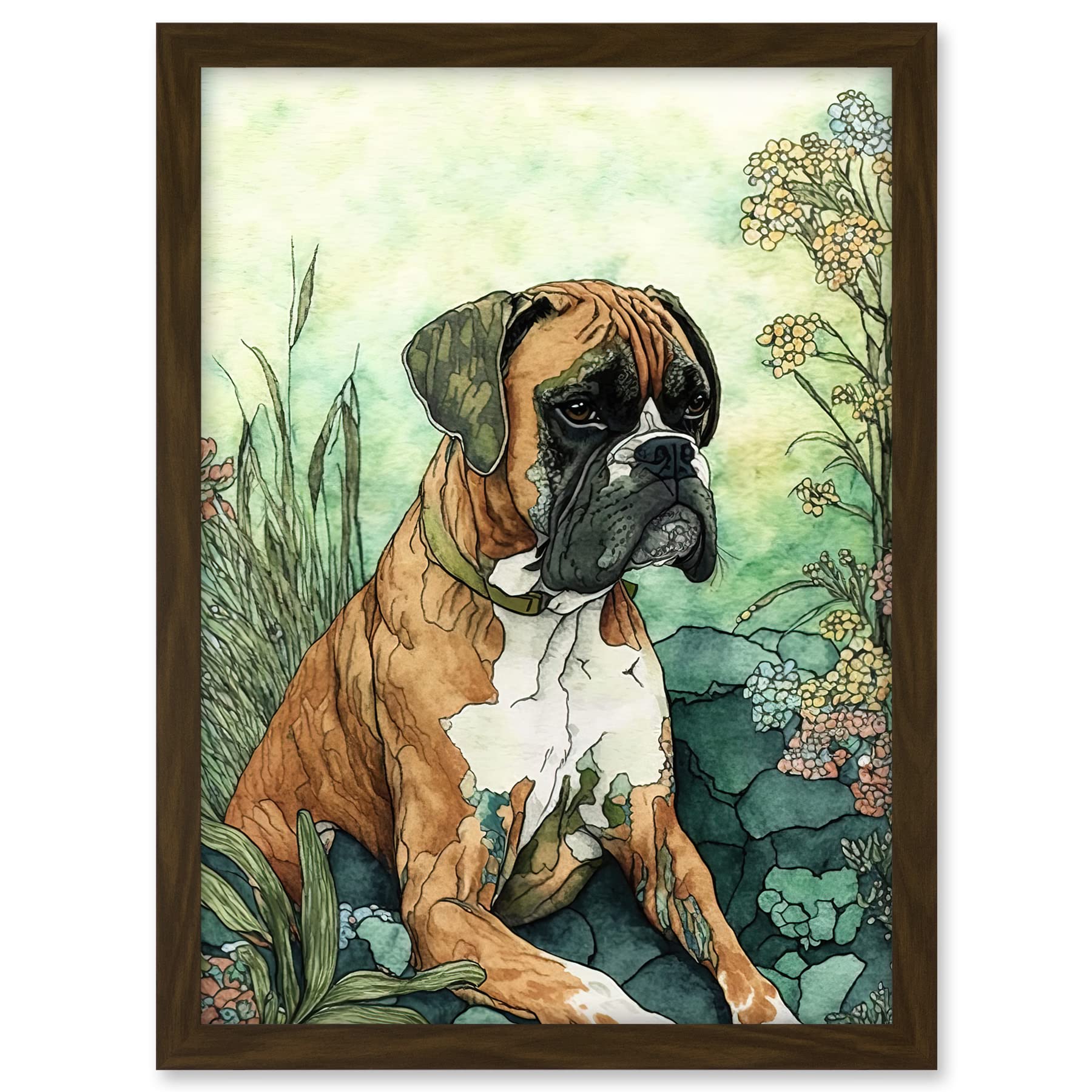 Artery8 Boxer Dog in Flower Field Colourful Watercolour Illustration Artwork Framed A3 Wall Art Print