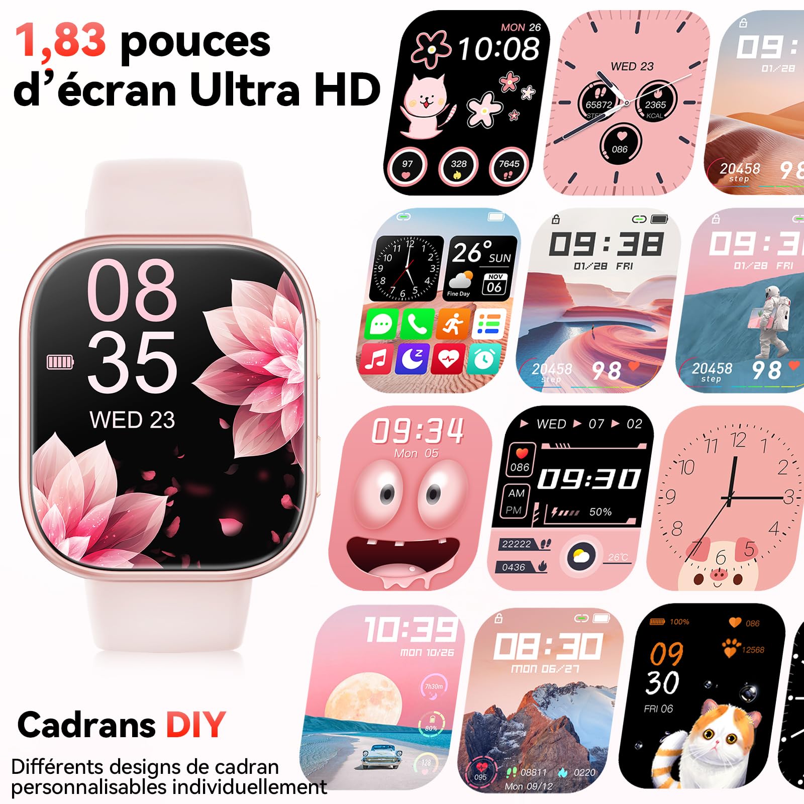 Mingtawn Montre Connectée Femme Homme avec Appel Bluetooth, 1.83'' HD Smartwatch pour 100+ Modes Sportifs, Fréquence Cardiaque, Sommeil, SpO2, IP68 Etanche Fitness Tracker pour iOS Android（Rose）