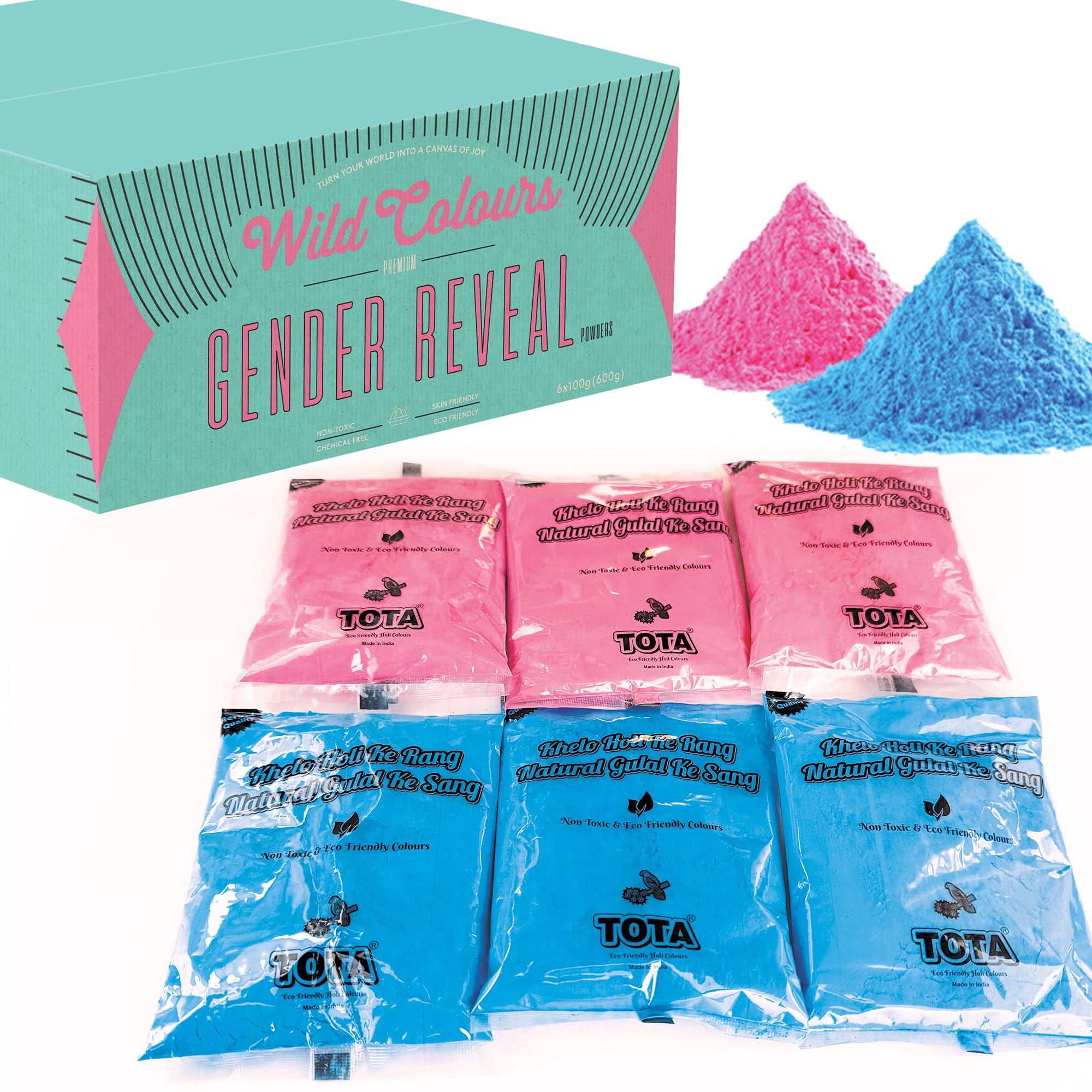 Premium Holi Colours - Holi Giftbox - Holi ke Rang - 100% Natural & Child Safe - Lab Tested Certified - 2 Vibrant Colours & Smooth Texture (100g Gender Reveal [Pack of 6])