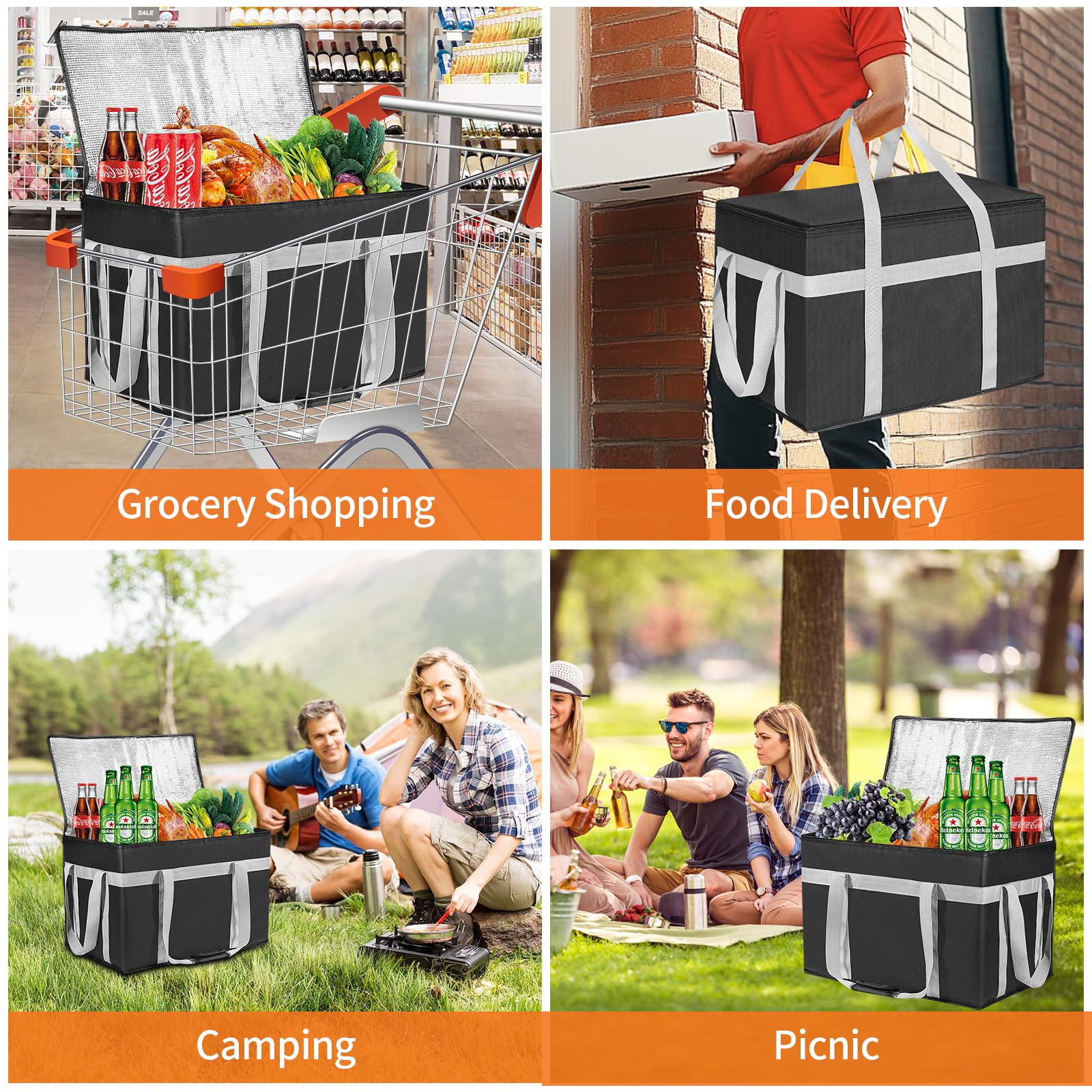 Paquete de 2 bolsas aisladas para entrega de alimentos con parte inferior dura extraíble, bolsa de comestibles reutilizable XXXL para alimentos fríos y calientes, enfriador de catering para