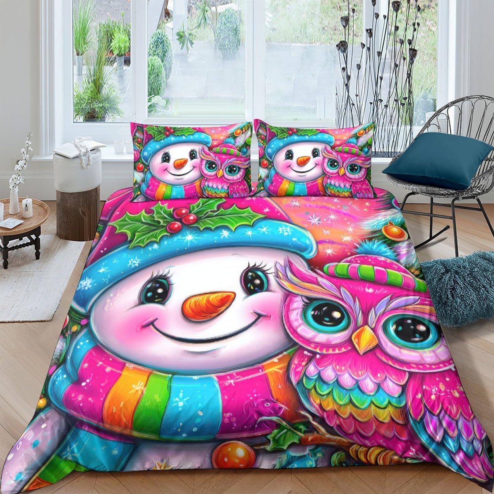 Ctjqhvkz Style-4 3D Printed Snowman Owl Fitted Sheet Microfiber Colourful Cartoon Bed Cover For Bedroom Guest Room Mattress Protection Single（135X200cm）