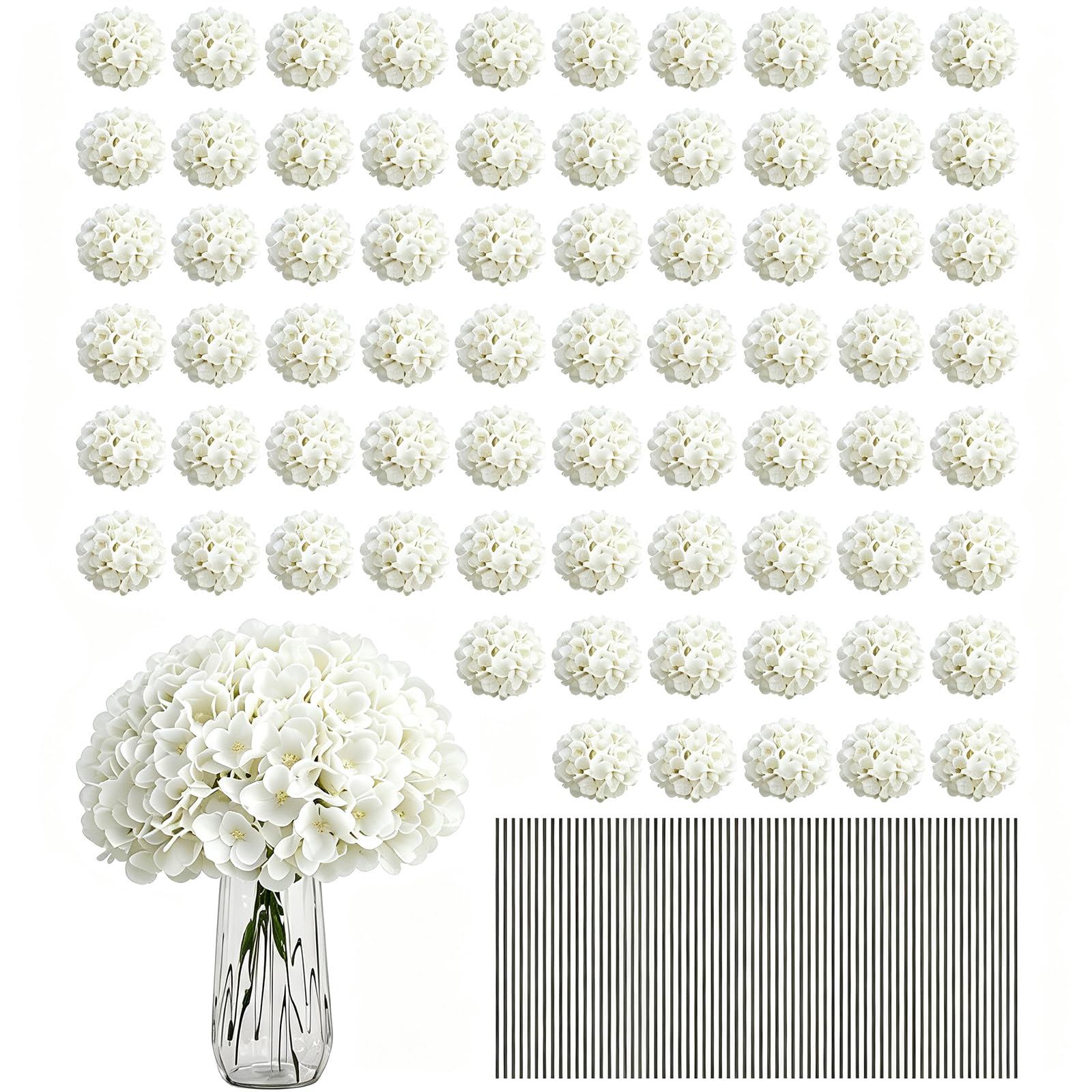 WORUIB 20 White Artificial Hydrangea Flowers, Silk Petals with Bendable Stems for Wedding Bouquet Decor