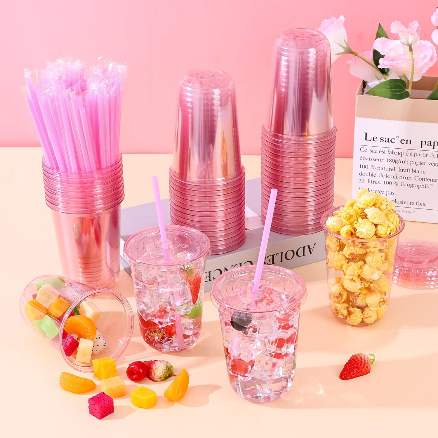 KesaPlan 50 Pack 16 oz Pink Plastic Party Cups with Lids and Straws, Disposable Iced Coffee Cup with Lids, Round Bottom Drinking Cups for Birthday Wedding Valentine's Galentine's Bachelorette Party
