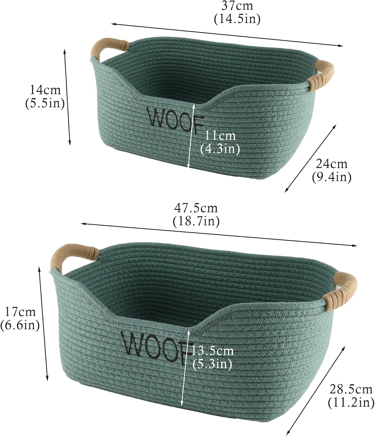 Geyecete Set of 2 Dog Toy Storage Basket, Cotton Rope Weave Basket for Dogs, Cats, Dog Toy Bin with Handles, Puppy Toy Accessories,Storage Container-Green